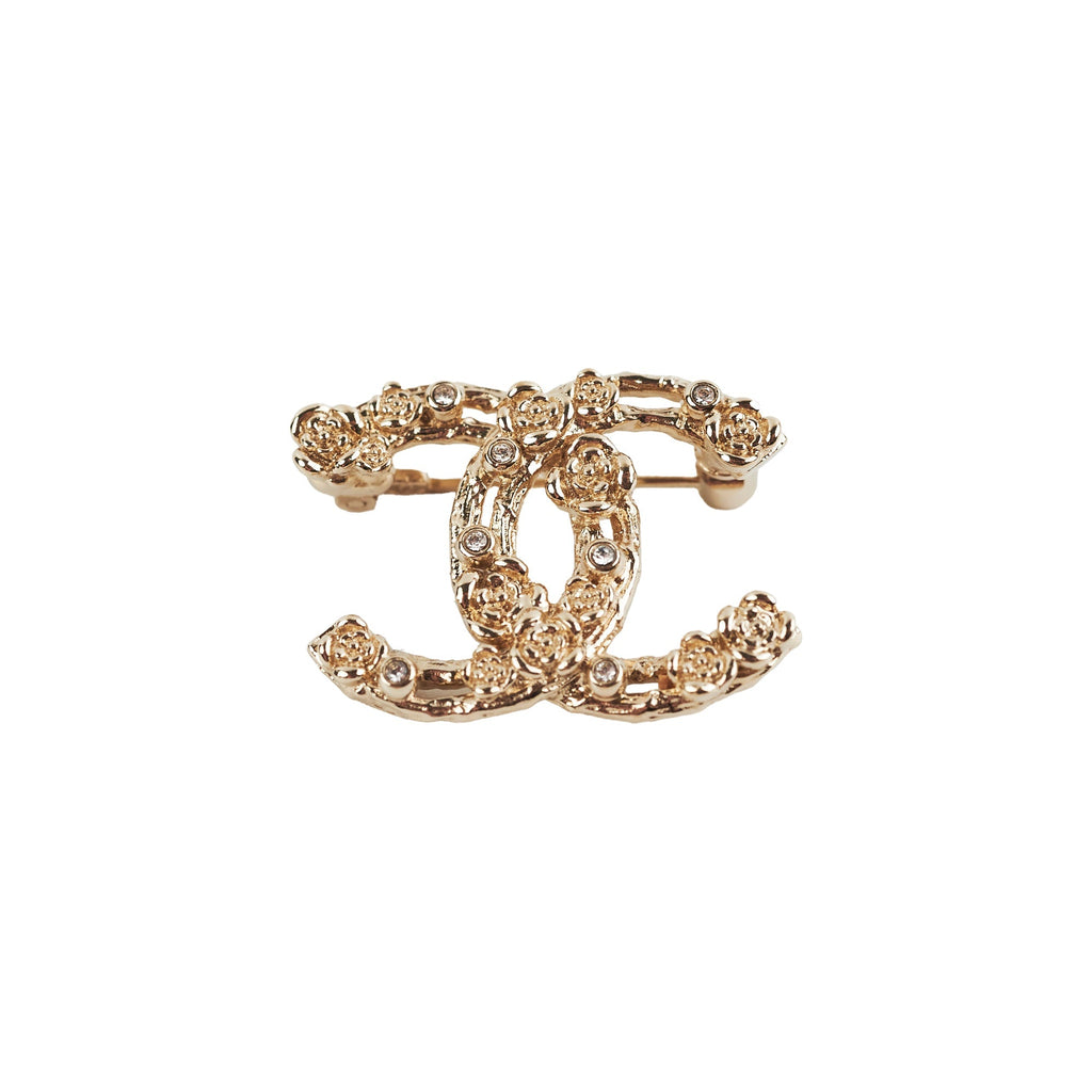 Chanel Coco Logo Gold Rhinestone Floral Brooch - 22C
