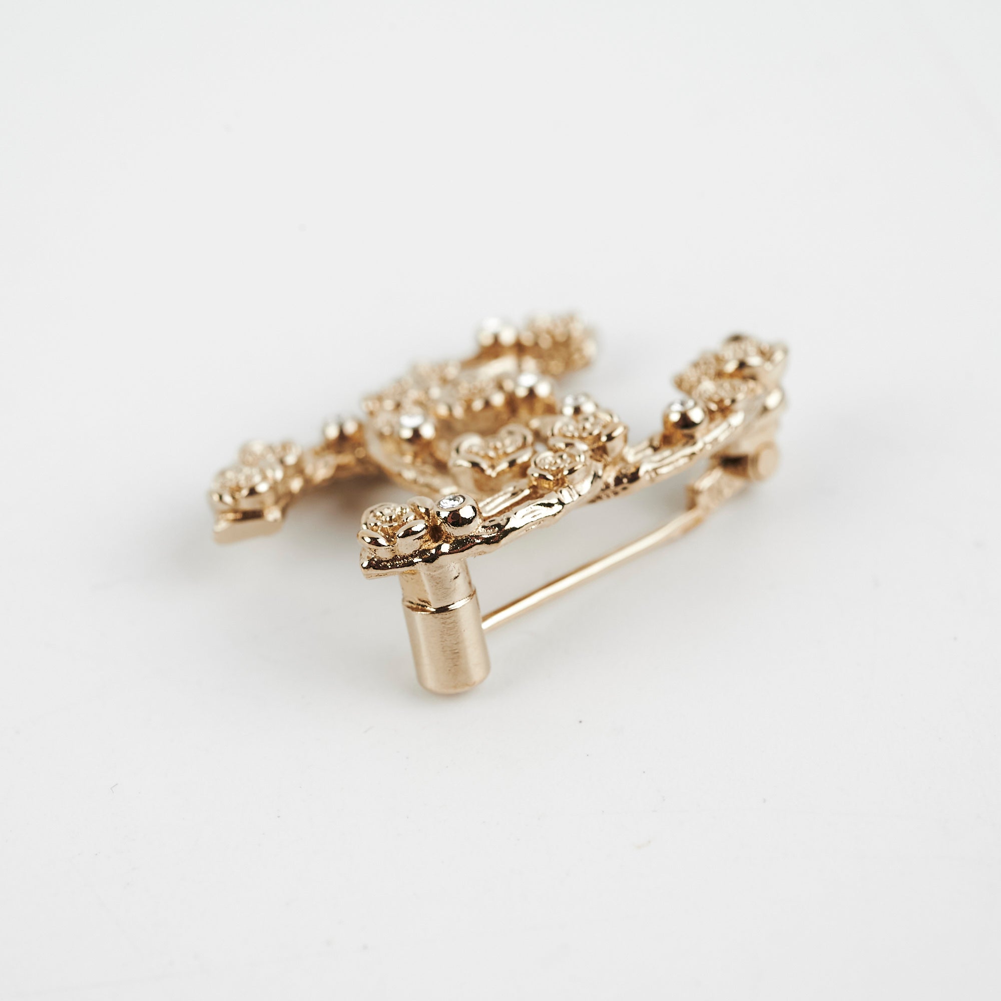 Chanel Coco Logo Gold Rhinestone Floral Brooch - 22C