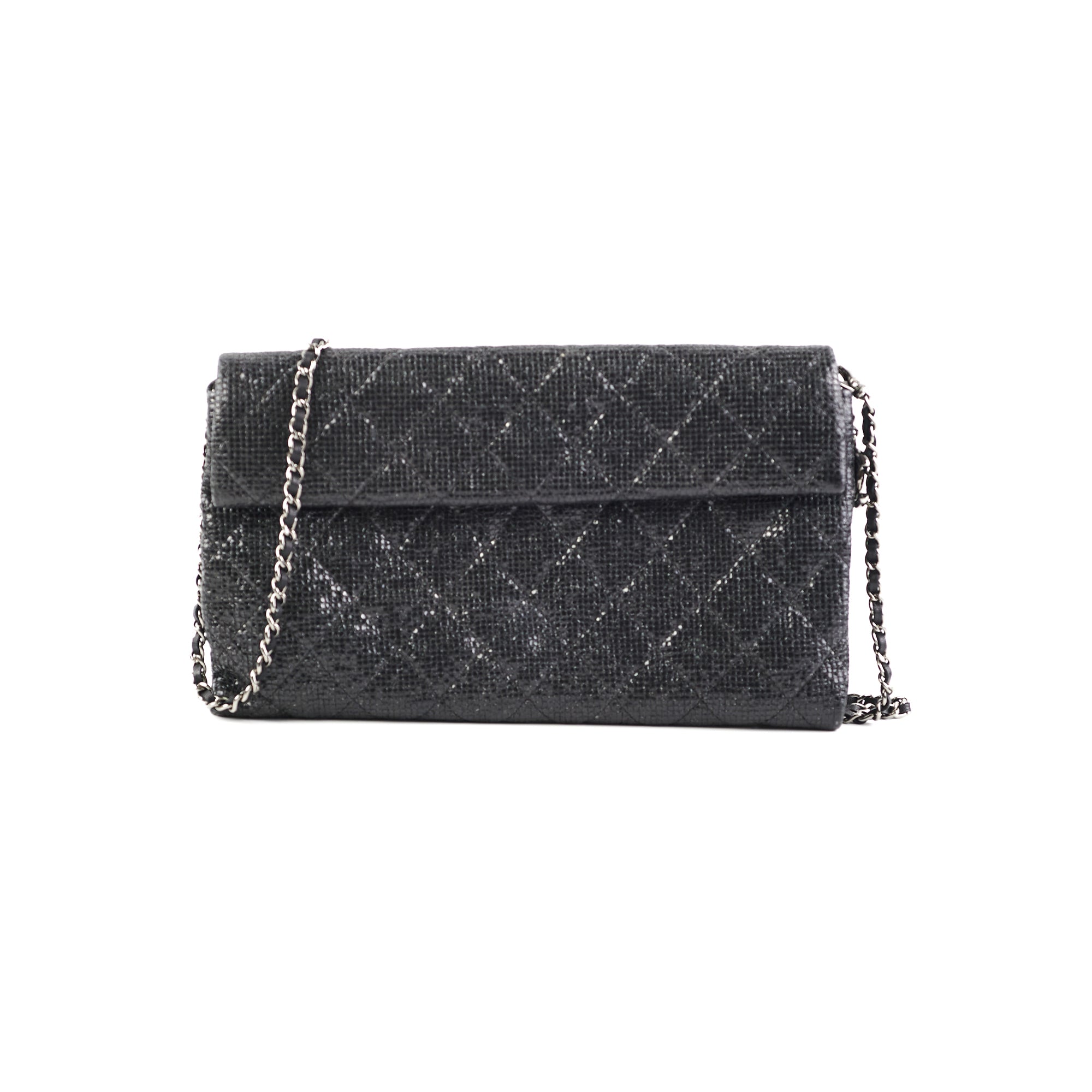 Chanel Black Glittered Calfskin Chain Crossbody Shoulder Bag Wallet Black