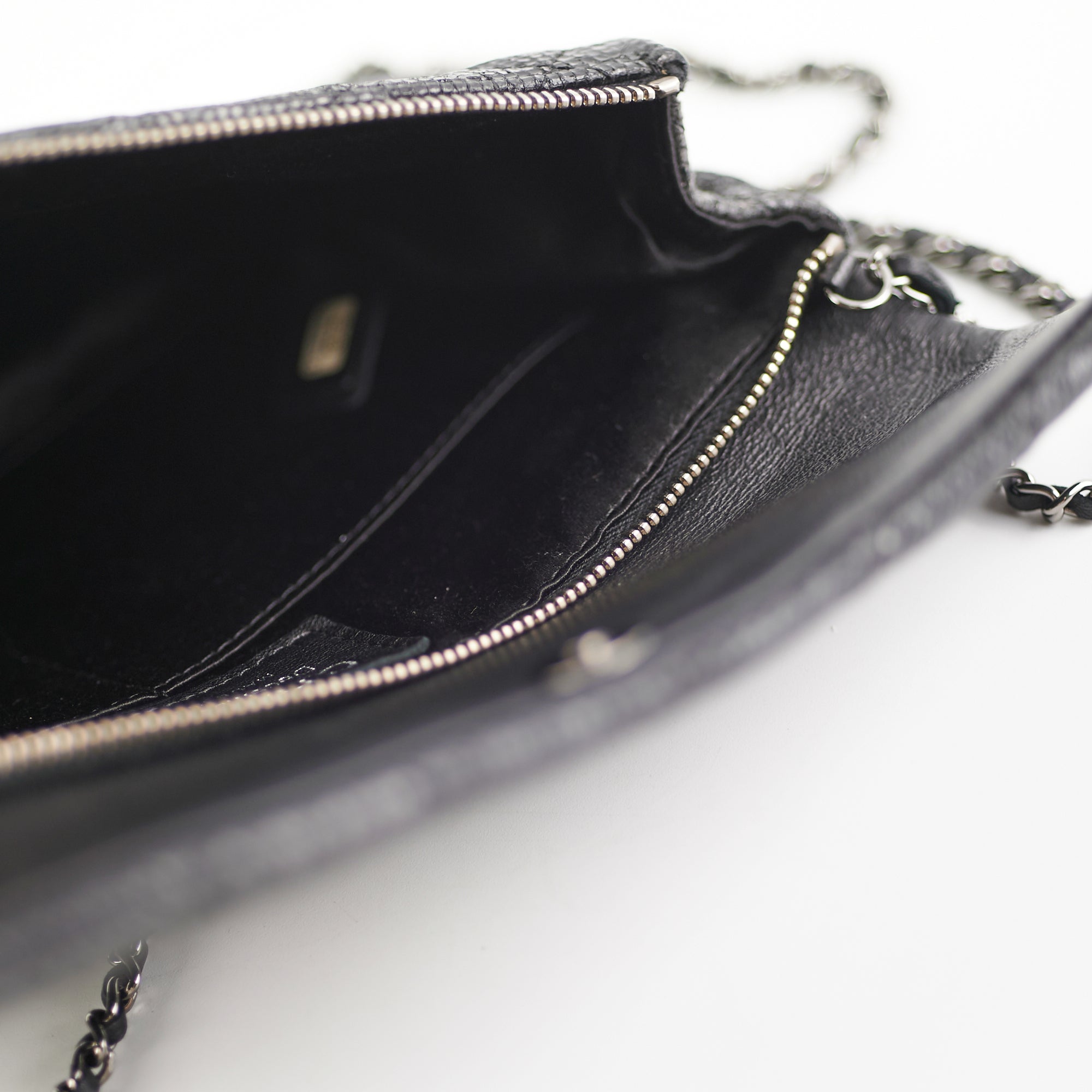 Chanel Black Glittered Calfskin Chain Crossbody Shoulder Bag Wallet Black