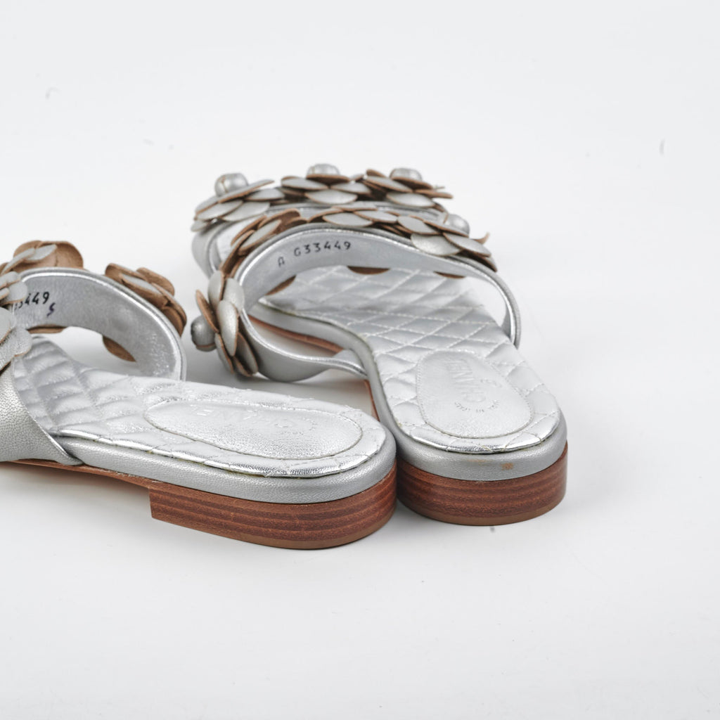 Chanel Lambskin Camelia Silver Sandals Size 40