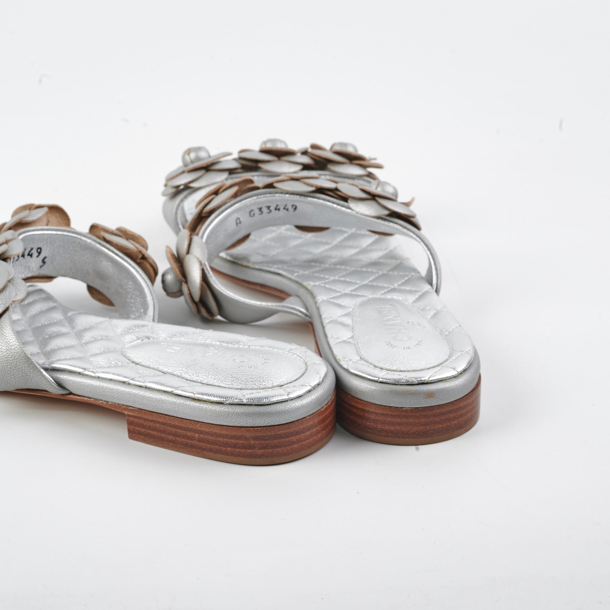 Chanel Lambskin Camelia Silver Sandals Size 40