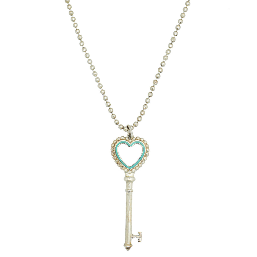 Tiffany & Co Sterling Silver Beaded Heart Key Pendant Necklace