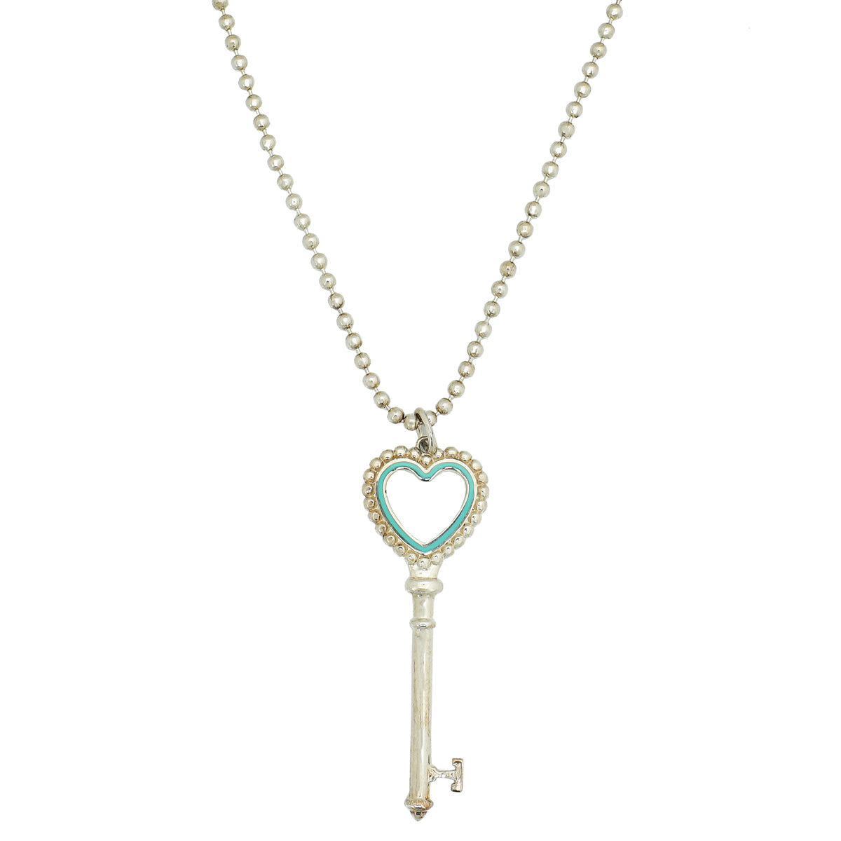 Tiffany & Co Sterling Silver Beaded Heart Key Pendant Necklace