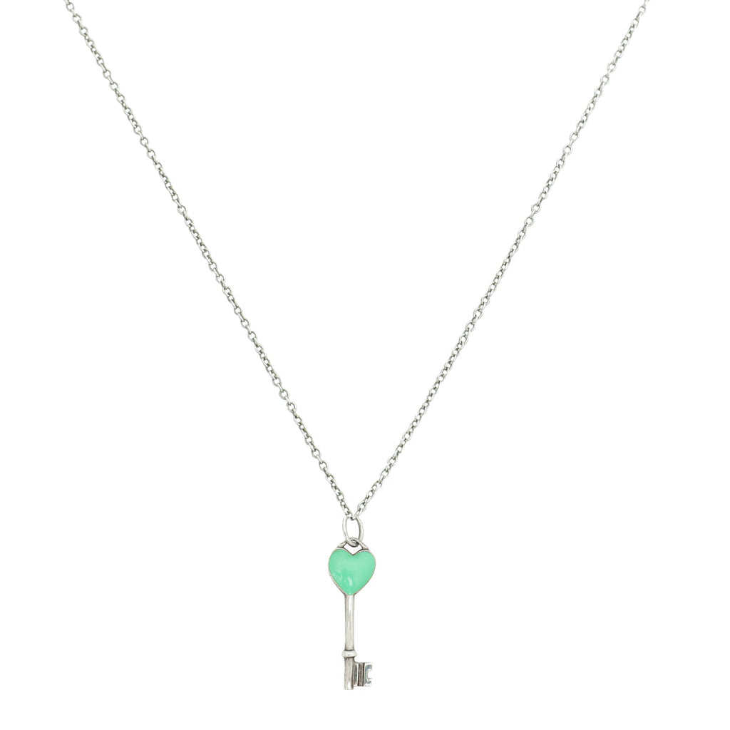 Tiffany & Co Blue Enamel Heart Key Pendant Necklace