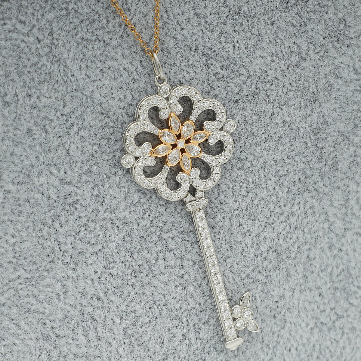 Tiffany & Co 18K Pink Gold Platinum Enchant Primrose Key Diamond Pendant Necklace