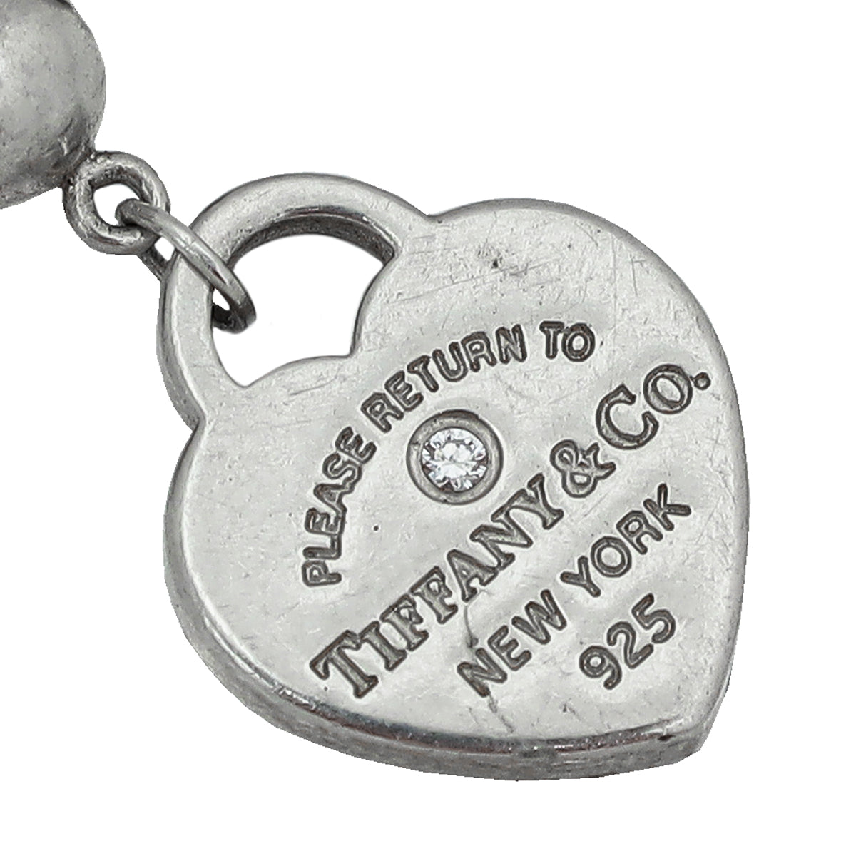 Tiffany & Co Silver Mini Heart Tag 1 Diamond Bead Bracelet