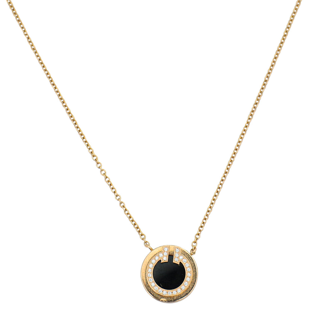 Tiffany & Co 18K Pink Gold Diamond Onyx Small Motif T Circle Pendant Necklace