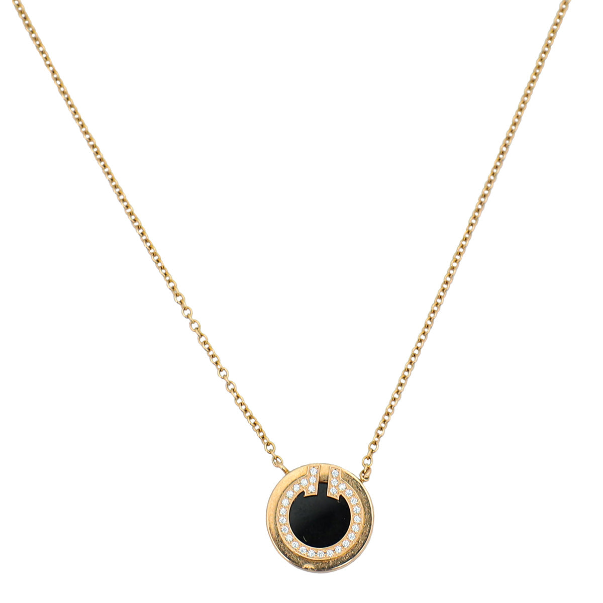 Tiffany & Co 18K Pink Gold Diamond Onyx Small Motif T Circle Pendant Necklace