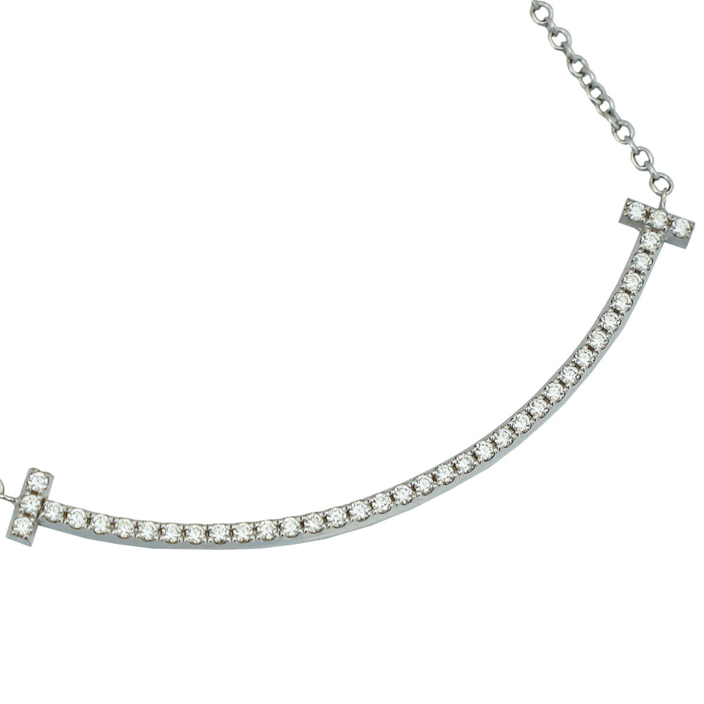 Tiffany & Co 18K White Gold Diamond T Smile Small Motif Pendant Necklace