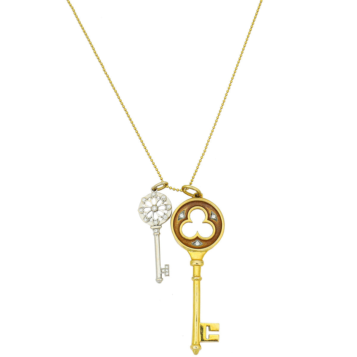 Tiffany & Co Yellow Gold Clover Key & Floral Key Pendant W/ Beaded Chain Necklace