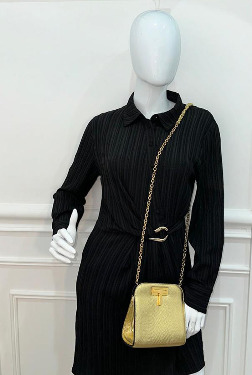 Tom Ford Metallic Gold Lizard Embossed Cosmo T Lock Small Shoulder Bag