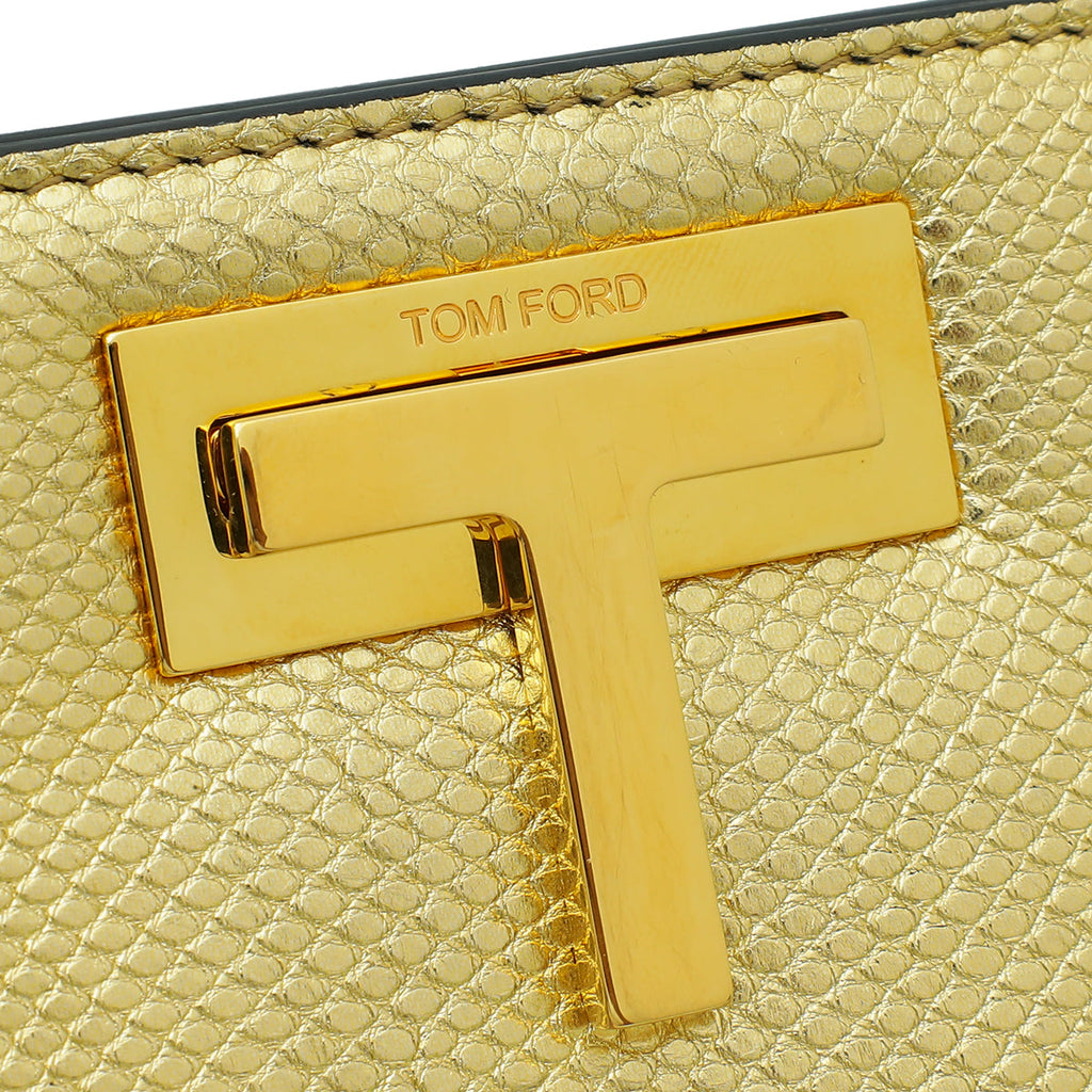 Tom Ford Metallic Gold Lizard Embossed Cosmo T Lock Small Shoulder Bag