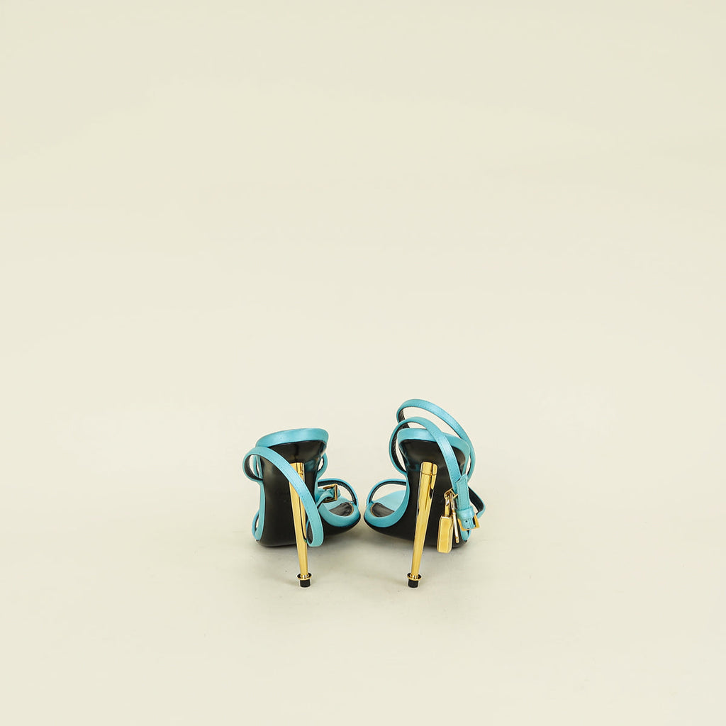 Tom Ford Turquoise Padlock Satin Ankle Wrap Sandal 36
