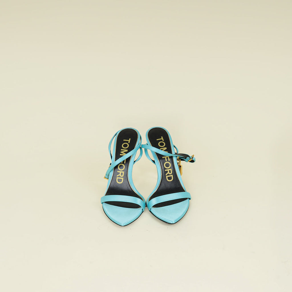 Tom Ford Turquoise Padlock Satin Ankle Wrap Sandal 36