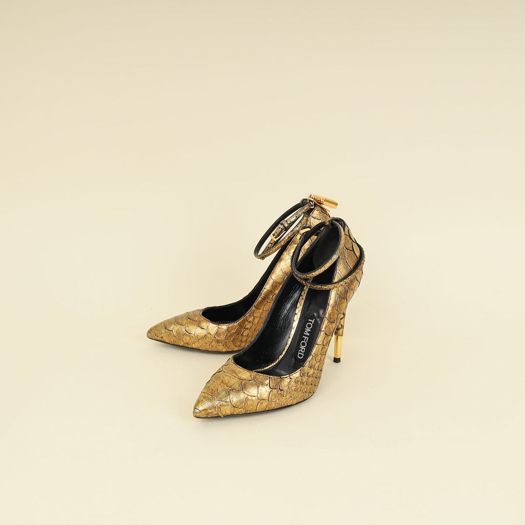 Tom Ford Gold Python Padlock Ankle Wrap Pumps 37.5