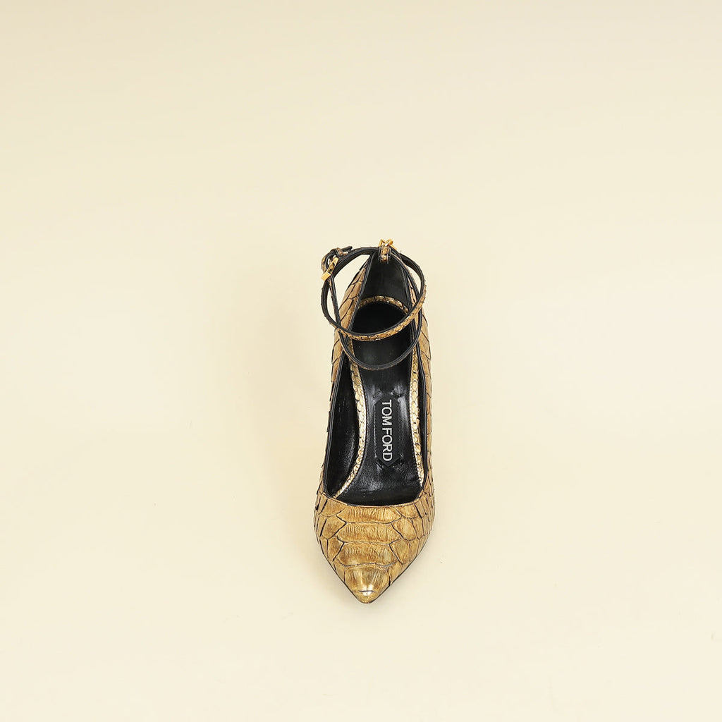 Tom Ford Gold Python Padlock Ankle Wrap Pumps 37.5