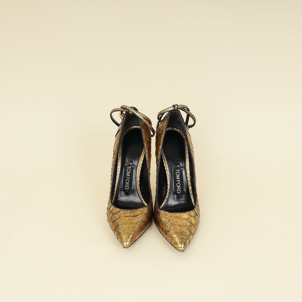 Tom Ford Gold Python Padlock Ankle Wrap Pumps 37.5