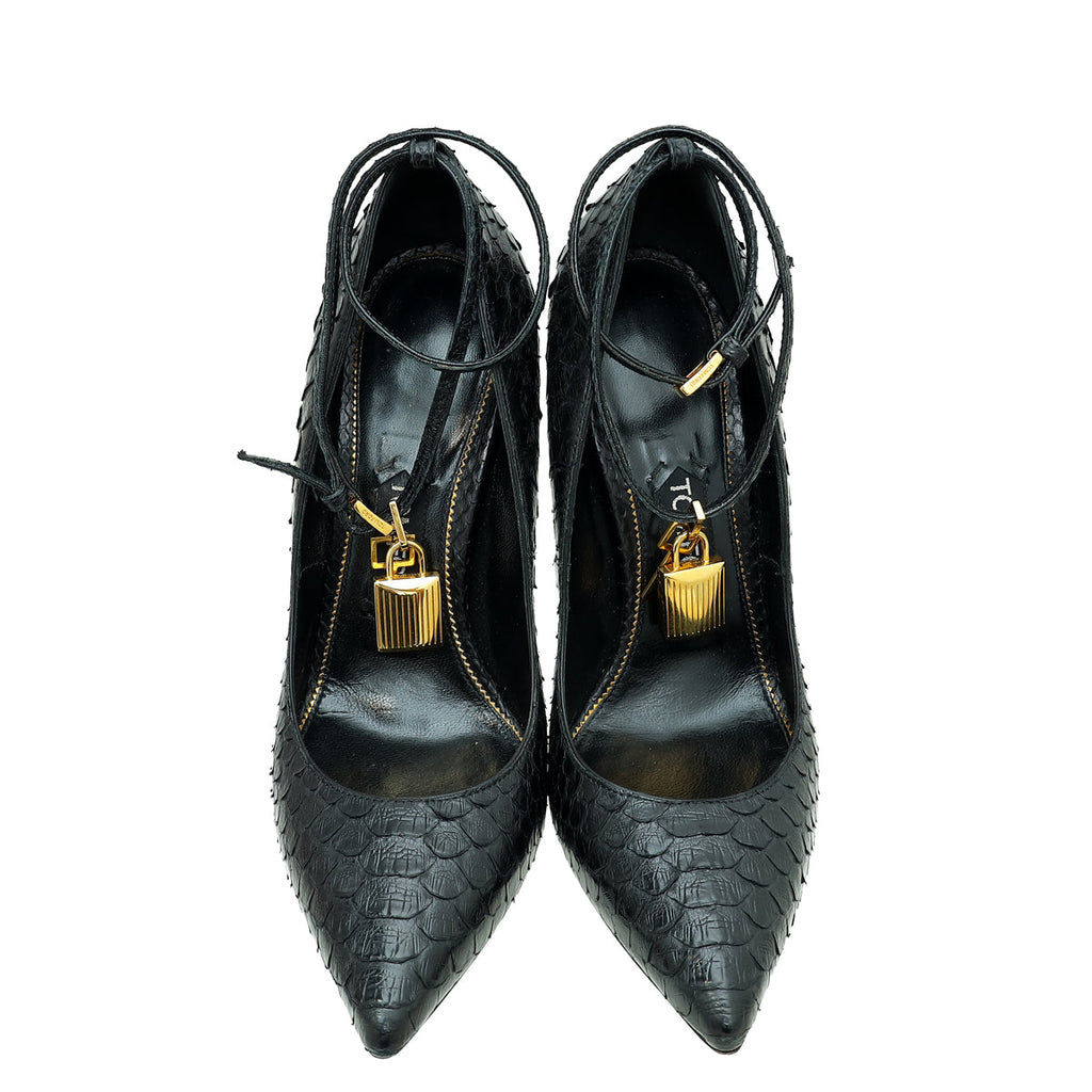 Tom Ford Black Python Padlock Ankle Wrap Pumps 39