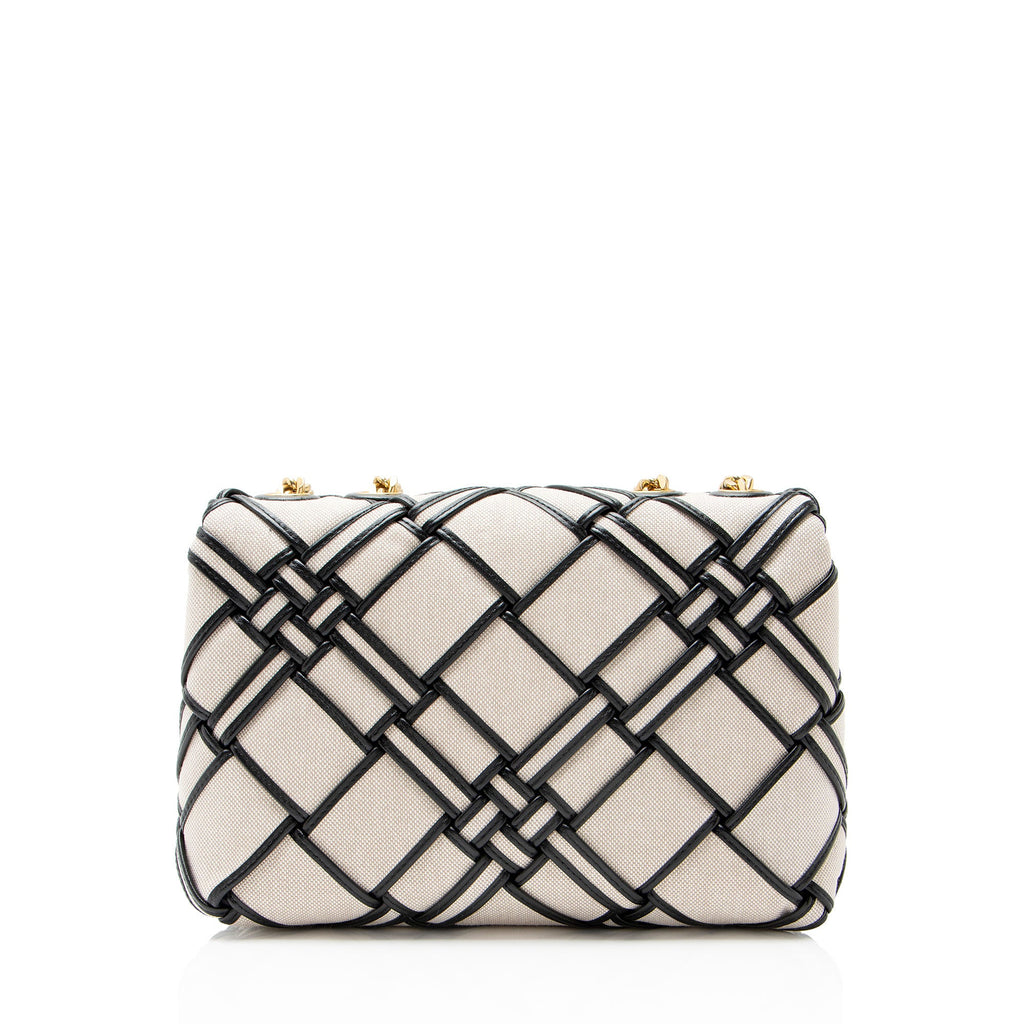Tory Burch Woven Canvas Leather Kira Small Shoulder Bag