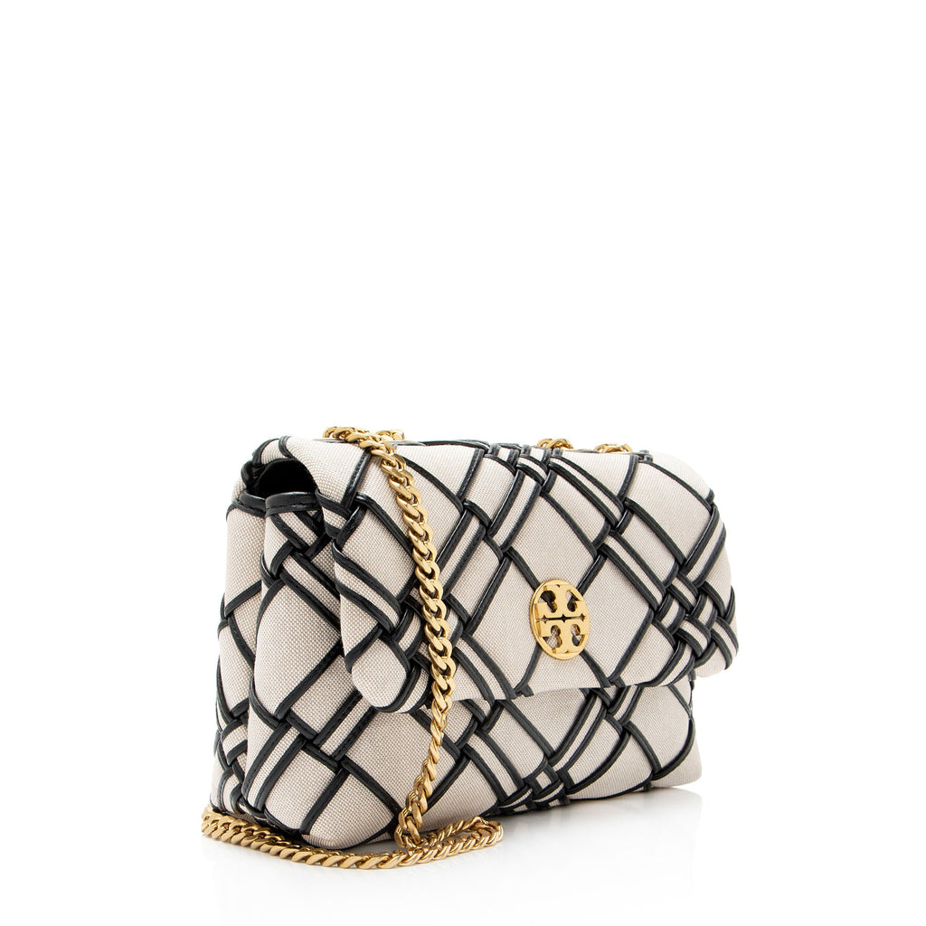Tory Burch Woven Canvas Leather Kira Small Shoulder Bag