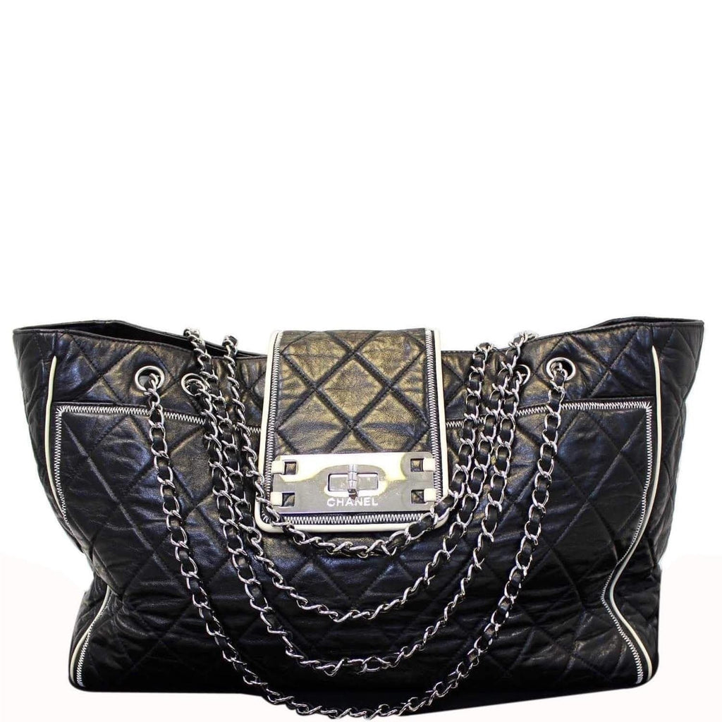 CHANEL East West Large Lambskin Quilted Leather Tote Shoulder Bag Black