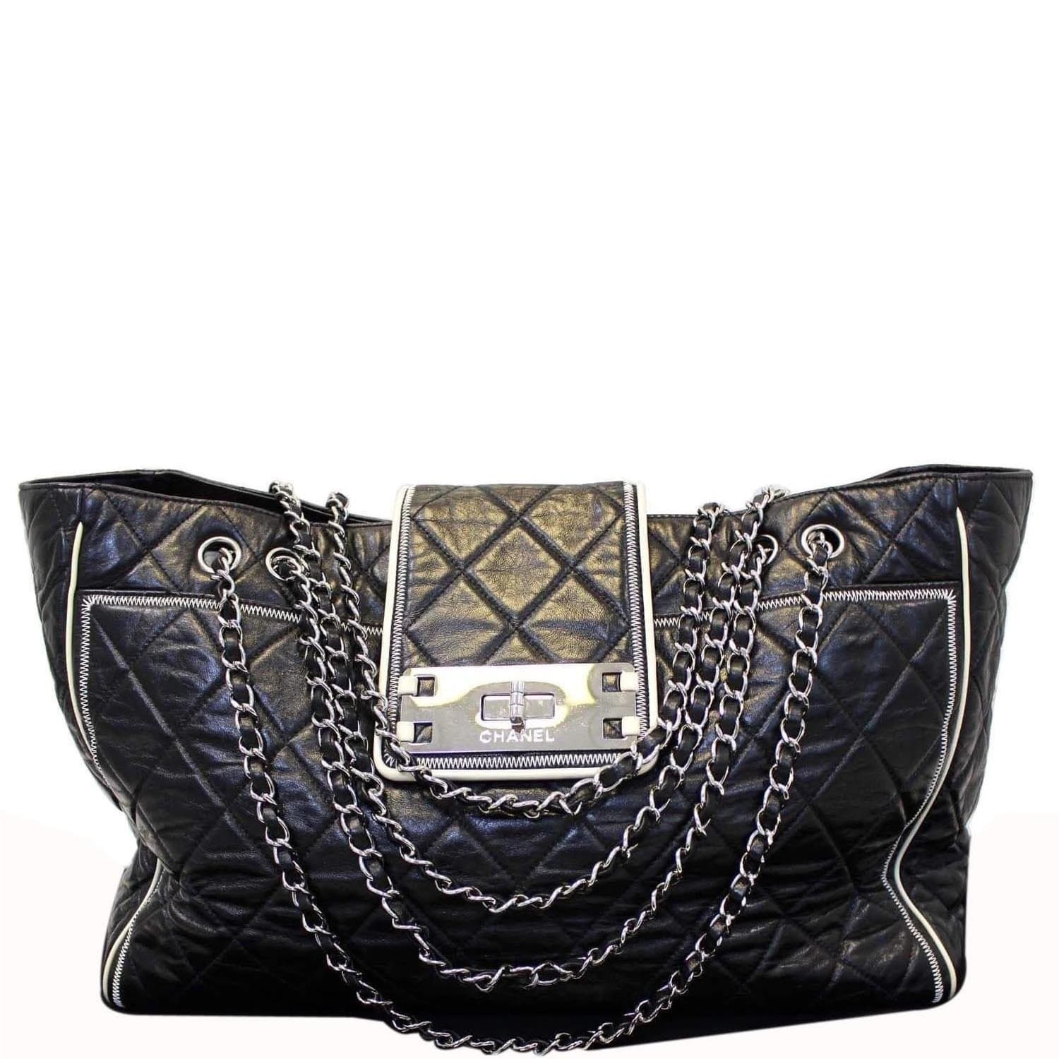 CHANEL East West Large Lambskin Quilted Leather Tote Shoulder Bag Black