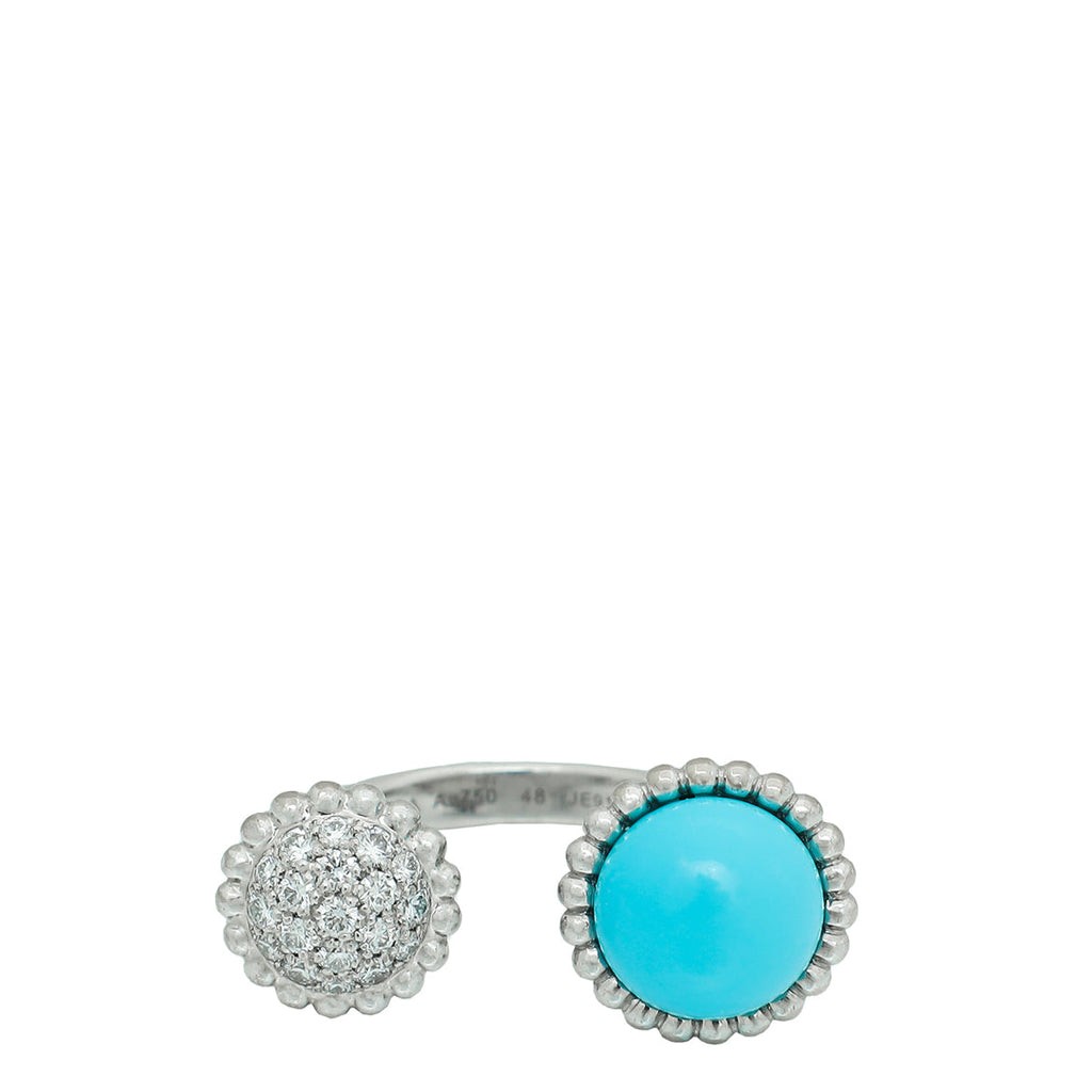 Van Cleef & Arpels 18K White Gold Diamond Turquoise Perlée Couleurs Between the Finger Ring 48
