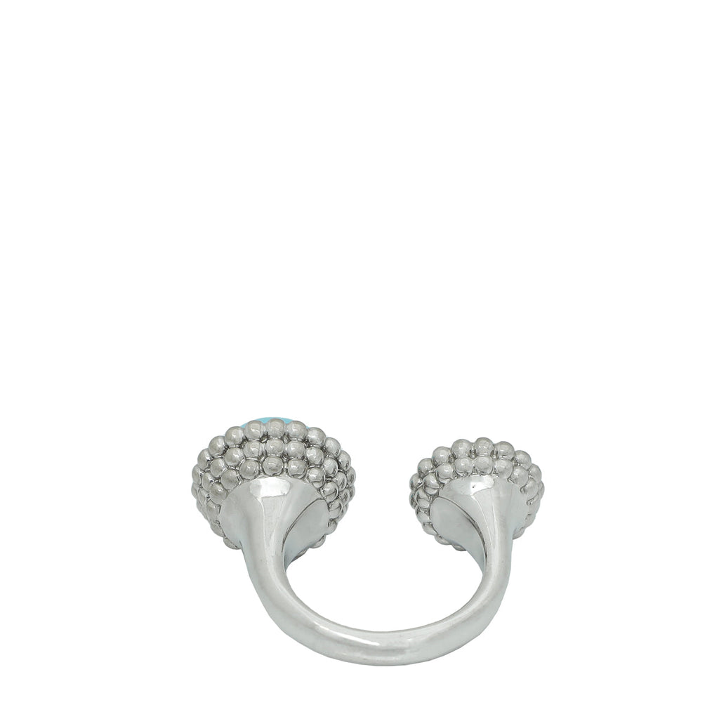 Van Cleef & Arpels 18K White Gold Diamond Turquoise Perlée Couleurs Between the Finger Ring 48