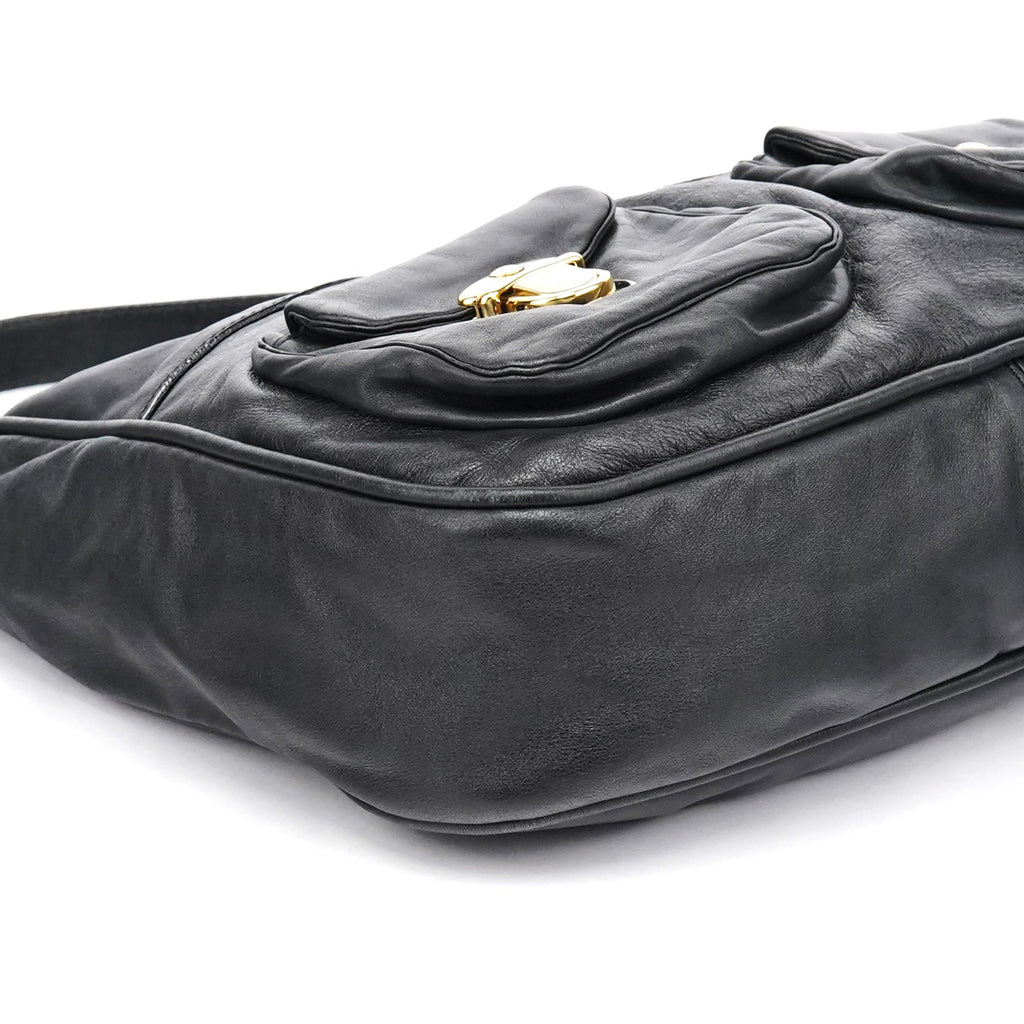 Black Leather Multi Pocket Hobo Shoulder Bag