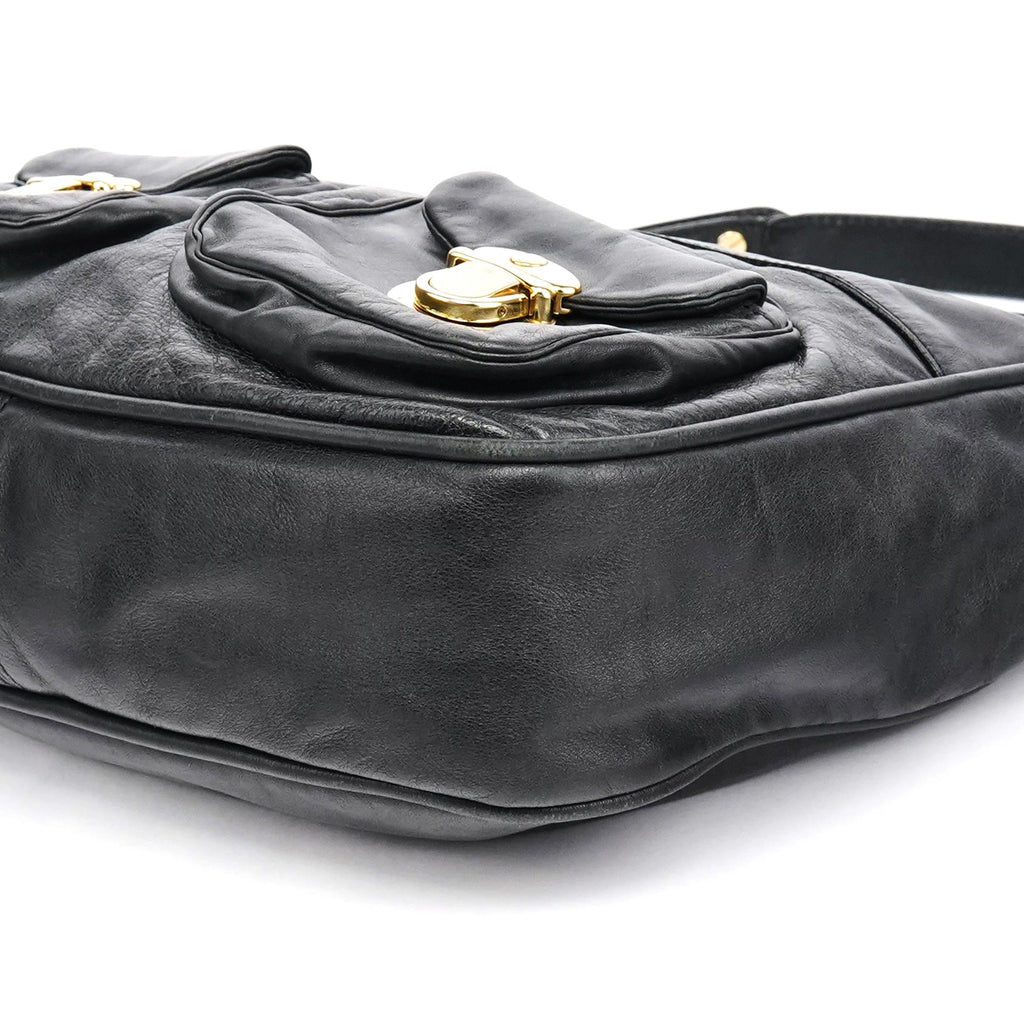 Black Leather Multi Pocket Hobo Shoulder Bag
