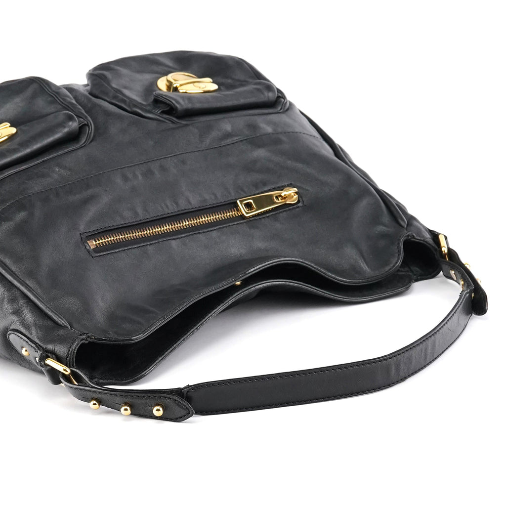 Black Leather Multi Pocket Hobo Shoulder Bag