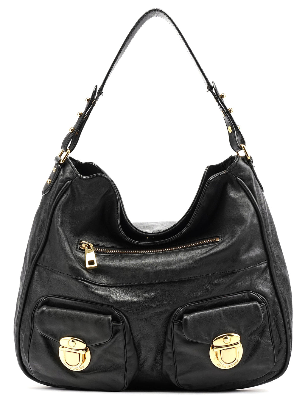 Black Leather Multi Pocket Hobo Shoulder Bag