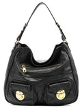Black Leather Multi Pocket Hobo Shoulder Bag