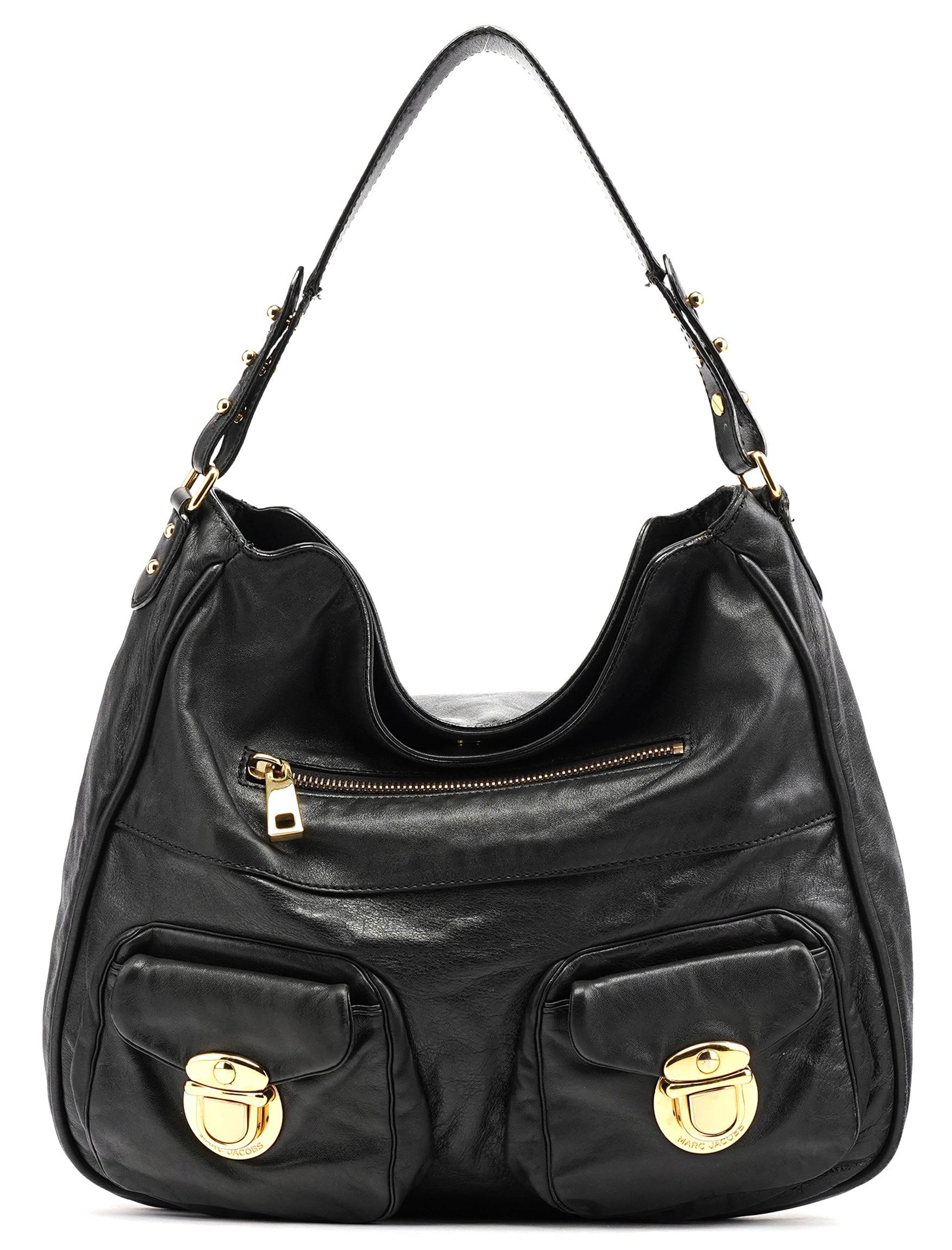 Black Leather Multi Pocket Hobo Shoulder Bag