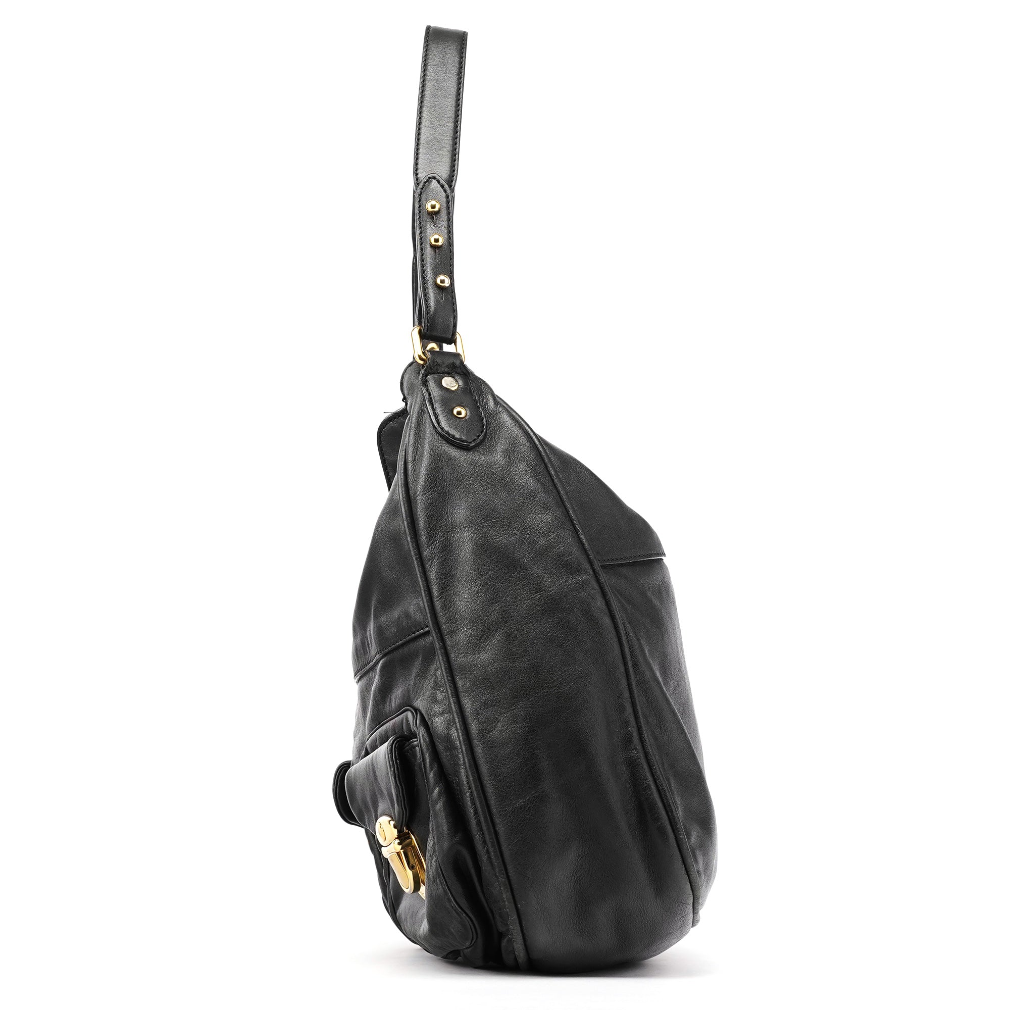 Black Leather Multi Pocket Hobo Shoulder Bag