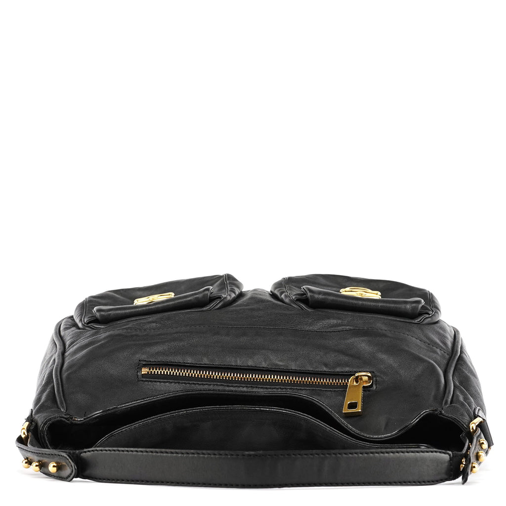 Black Leather Multi Pocket Hobo Shoulder Bag