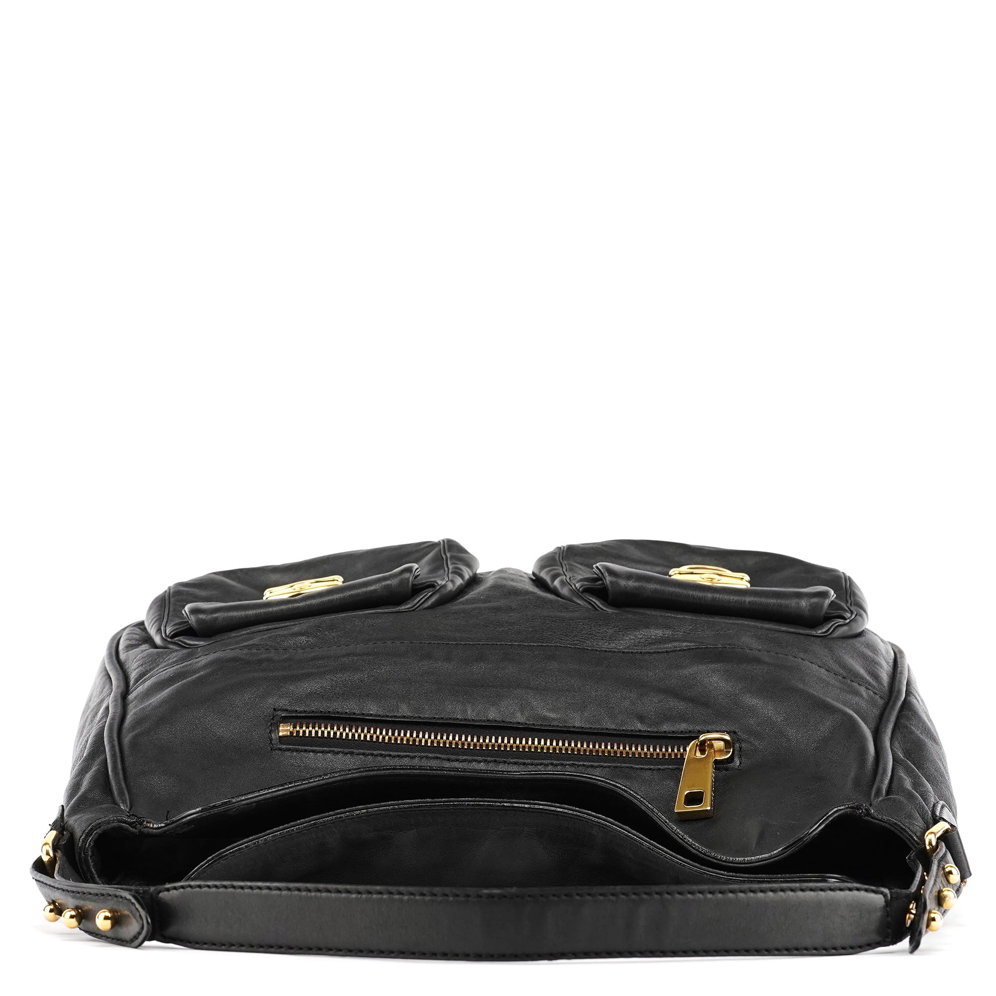 Black Leather Multi Pocket Hobo Shoulder Bag