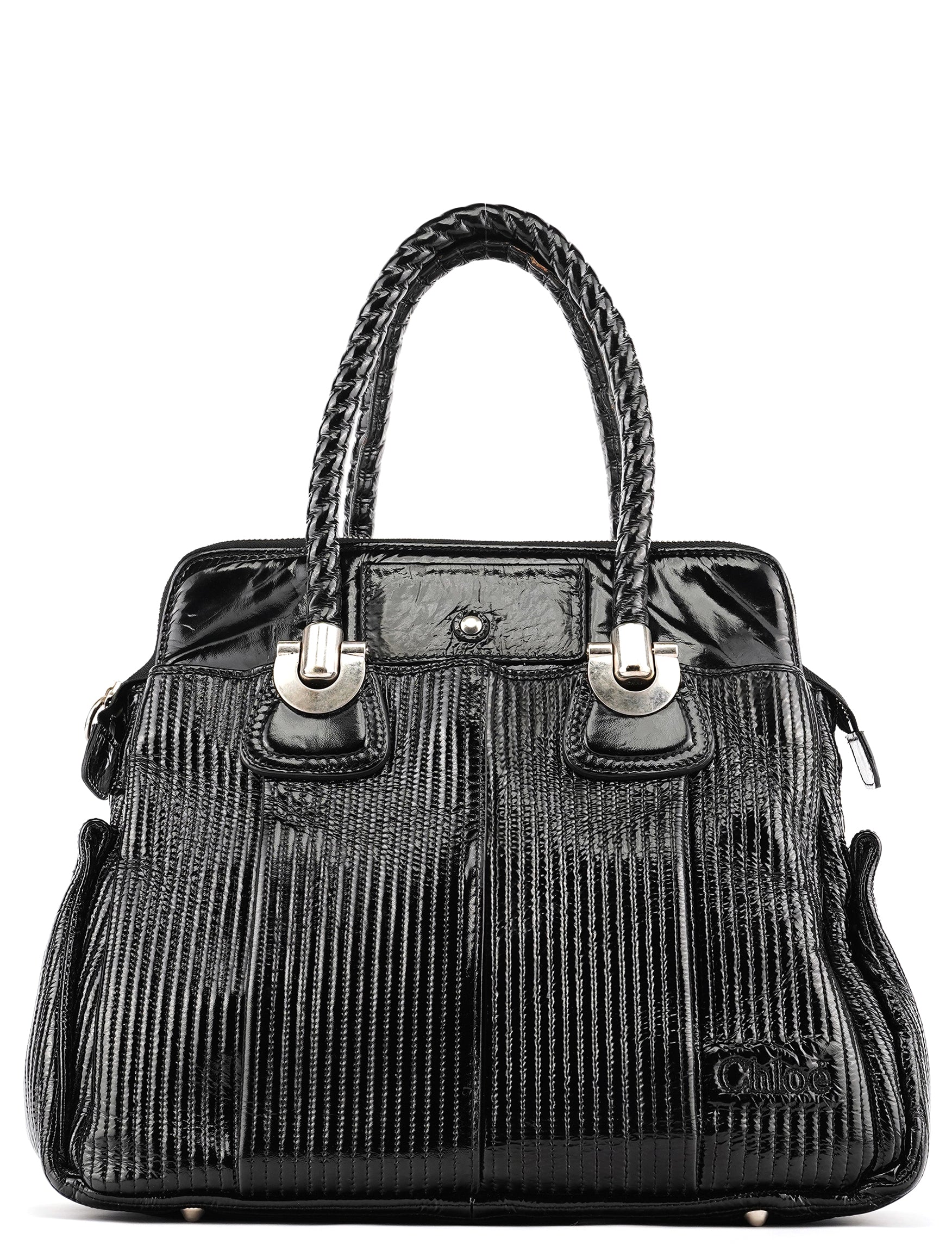 Black Quilted Patent Leather Heloise Tote Bag