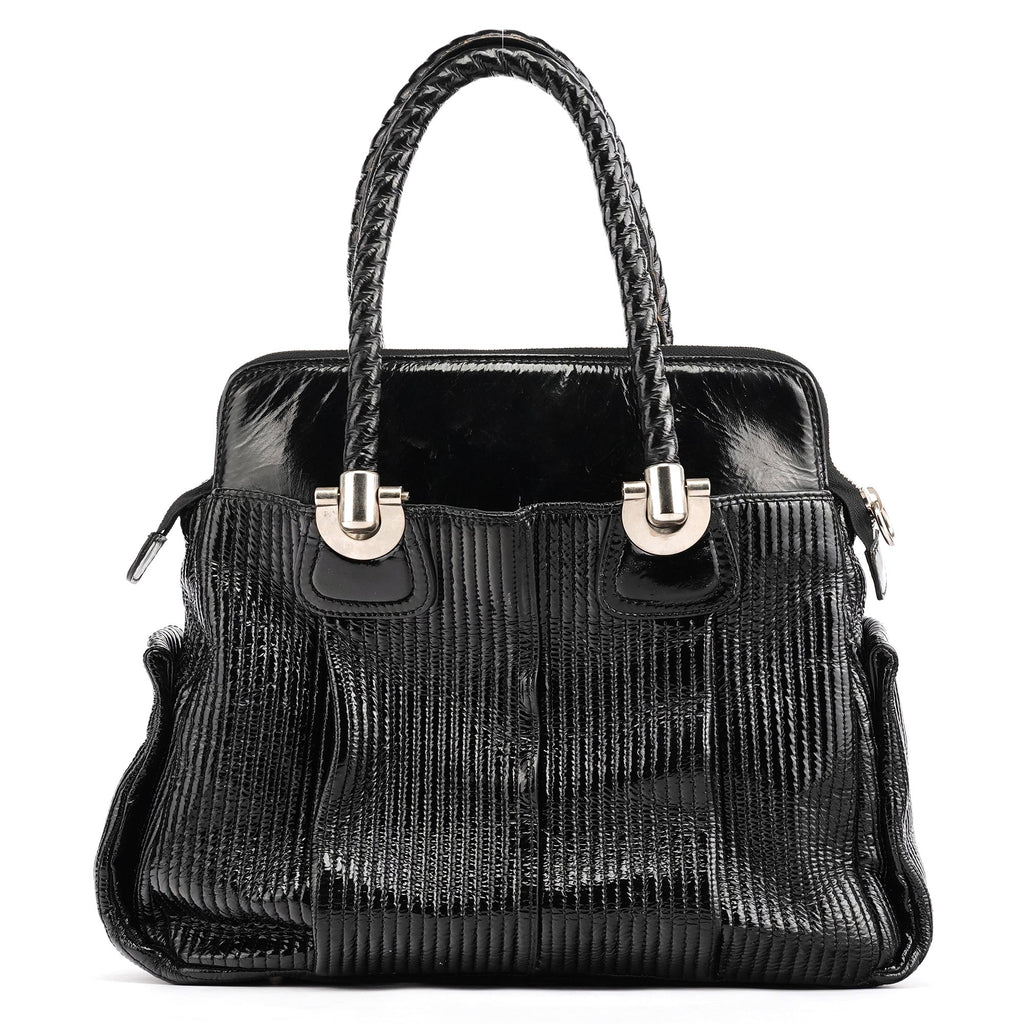 Black Quilted Patent Leather Heloise Tote Bag