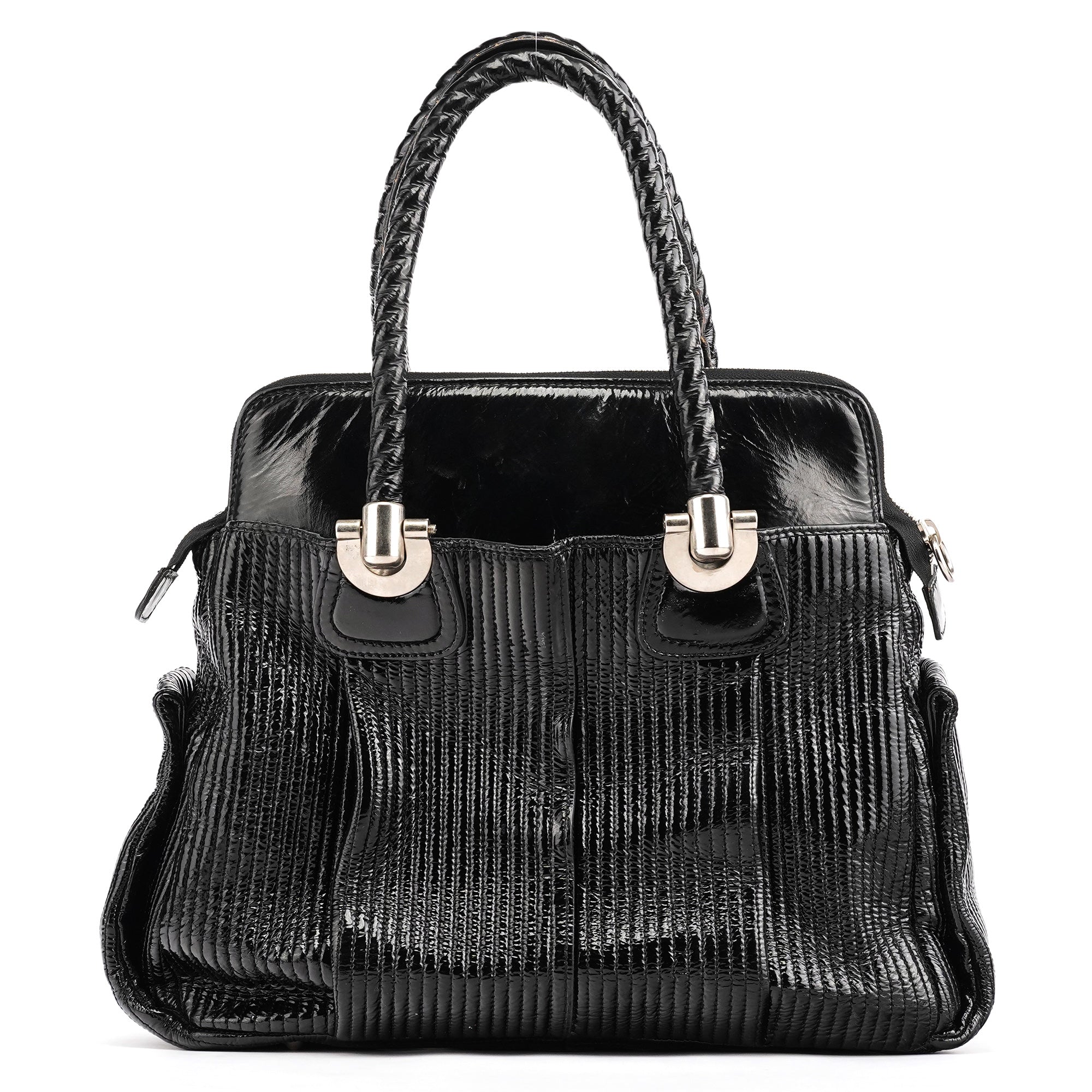 Black Quilted Patent Leather Heloise Tote Bag