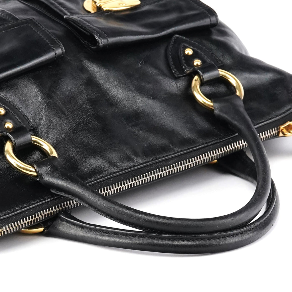 Black Leather Multi Pocket 2-Way Bag