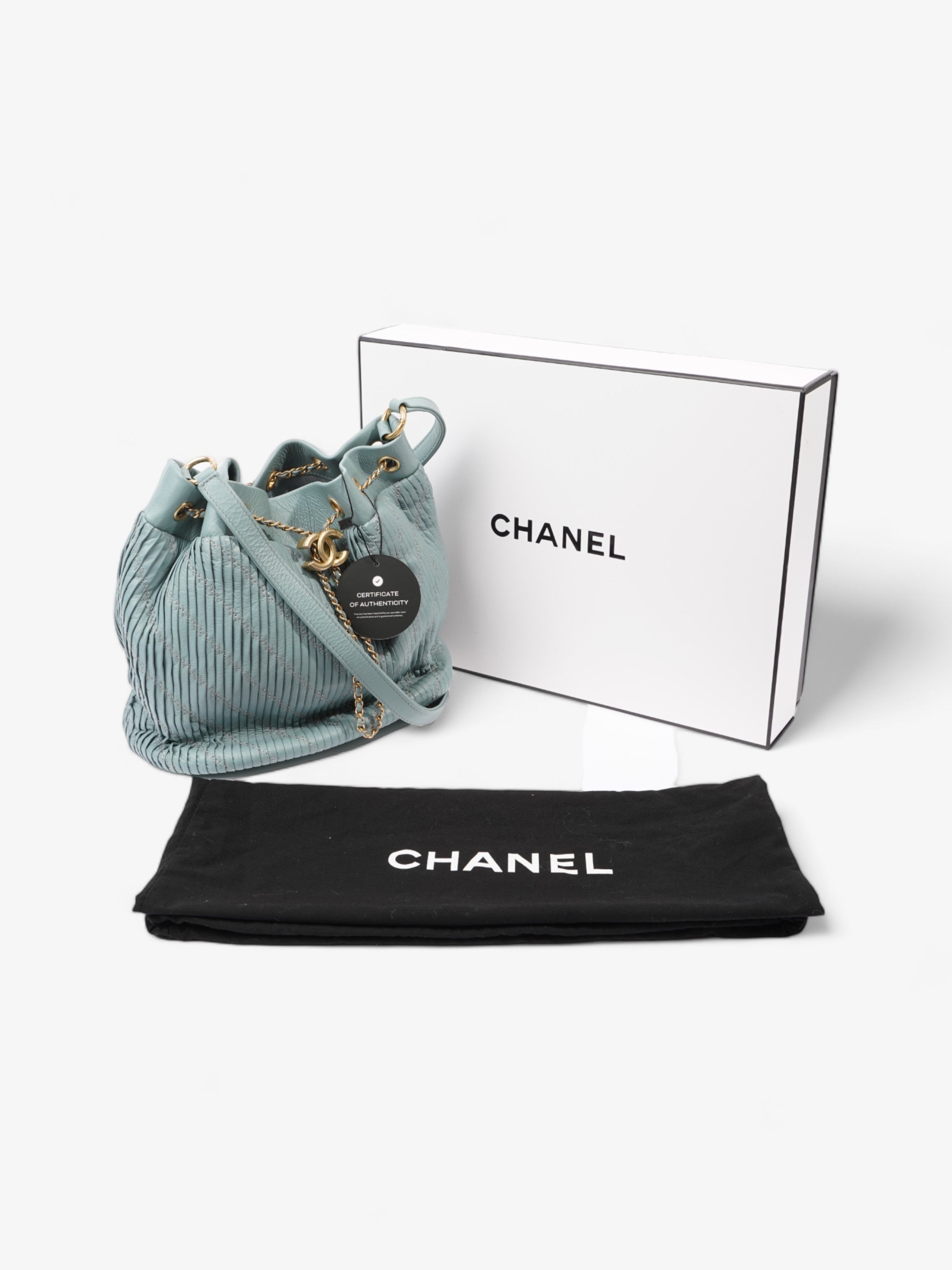 Chanel Pleated Drawstring Light Blue Leather