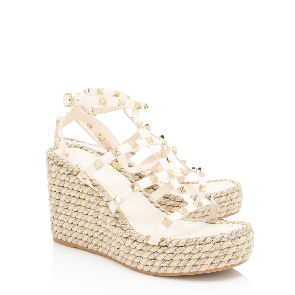 Valentino Calfskin Rockstud Torchon Ankle Strap Wedge Sandals - Size 8 / 38