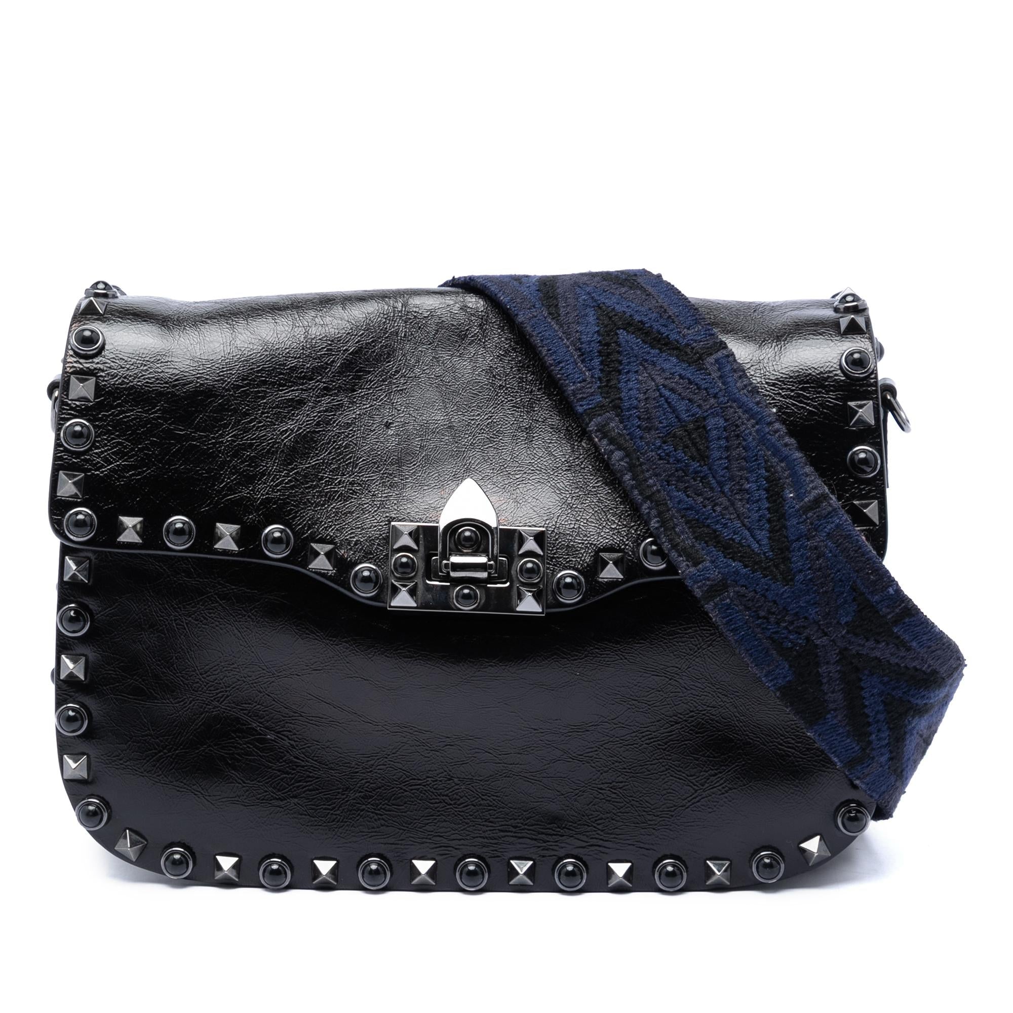 Valentino Medium Craquele Calfskin Guitar Strap Rockstud Rolling Flap Crossbody