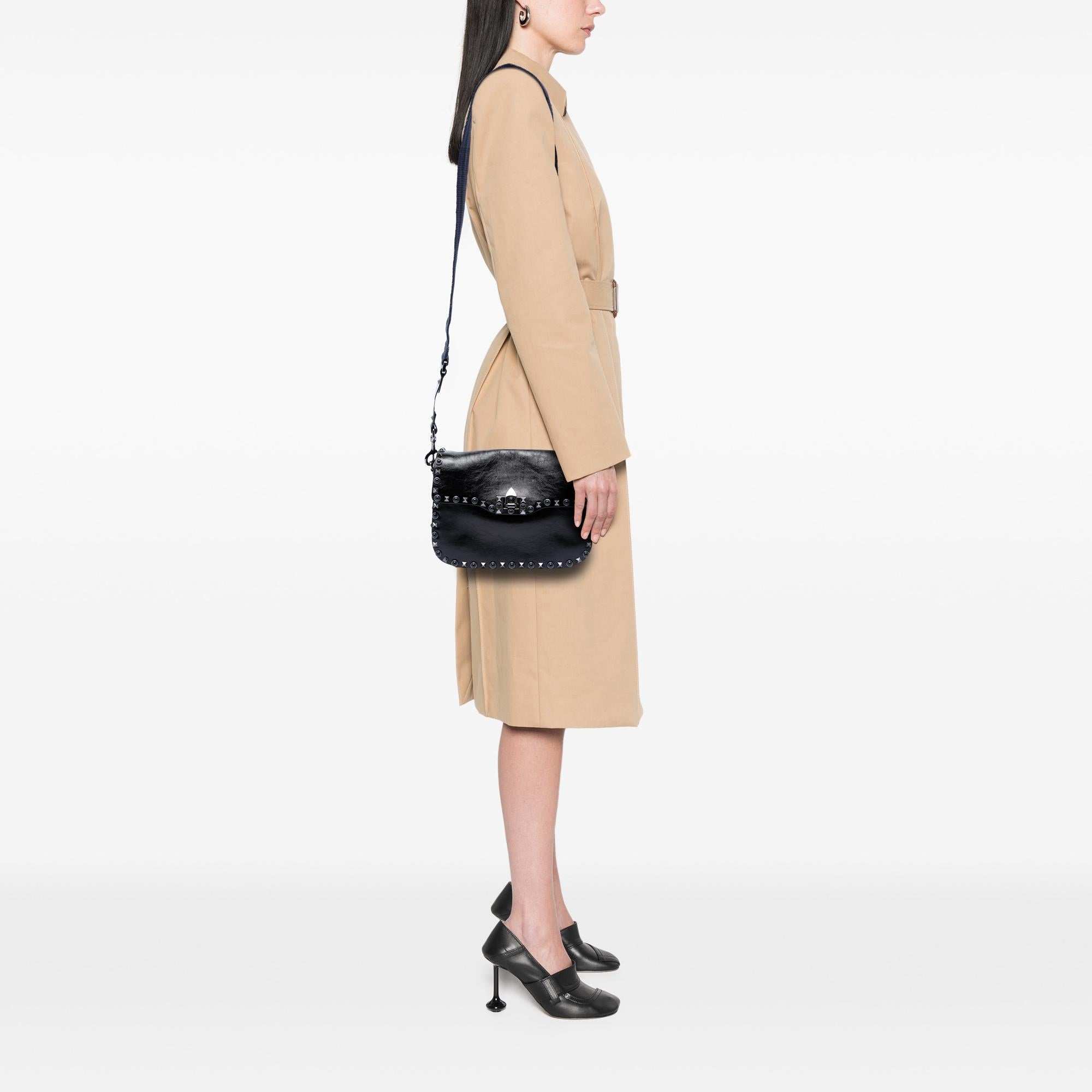 Valentino Medium Craquele Calfskin Guitar Strap Rockstud Rolling Flap Crossbody