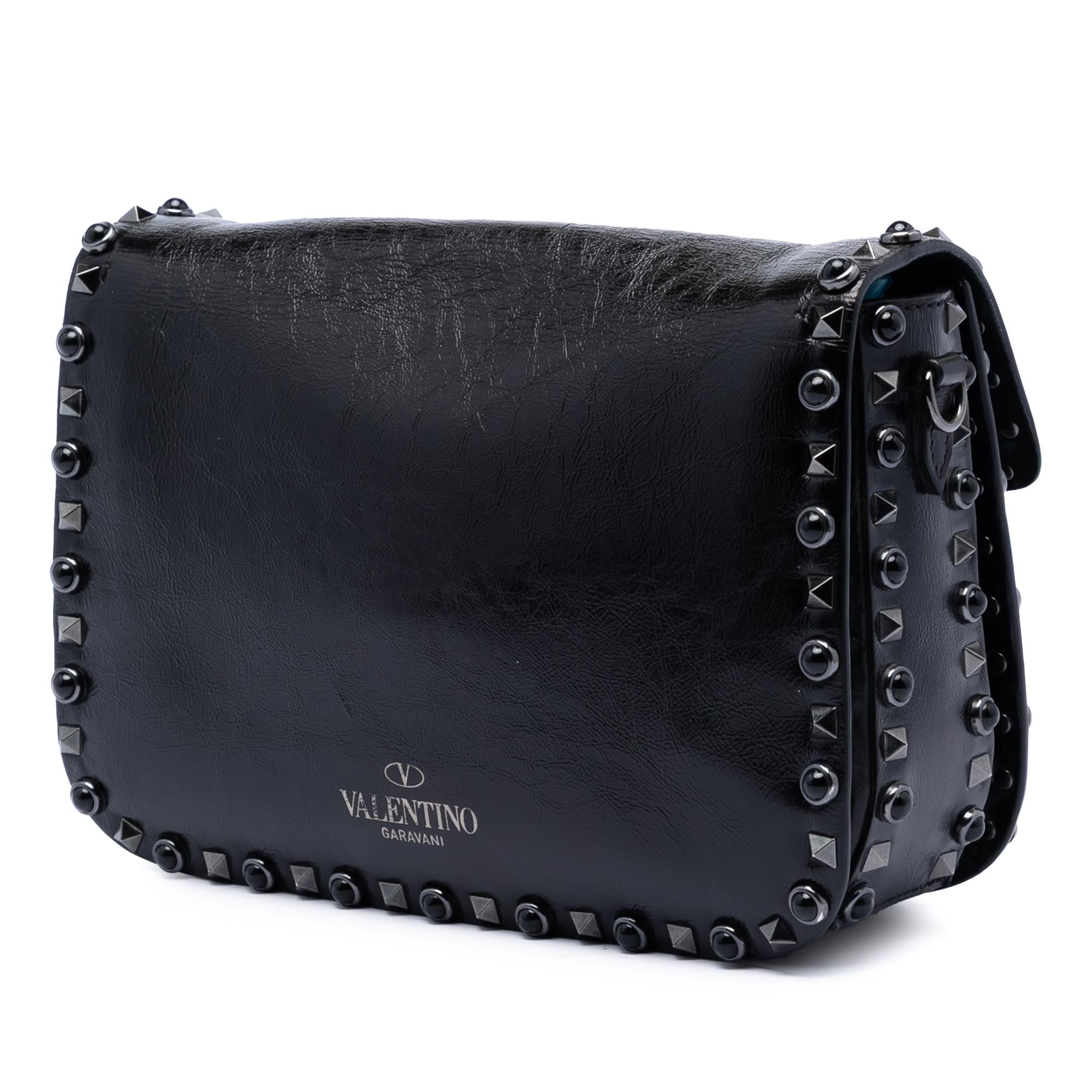 Valentino Medium Craquele Calfskin Guitar Strap Rockstud Rolling Flap Crossbody