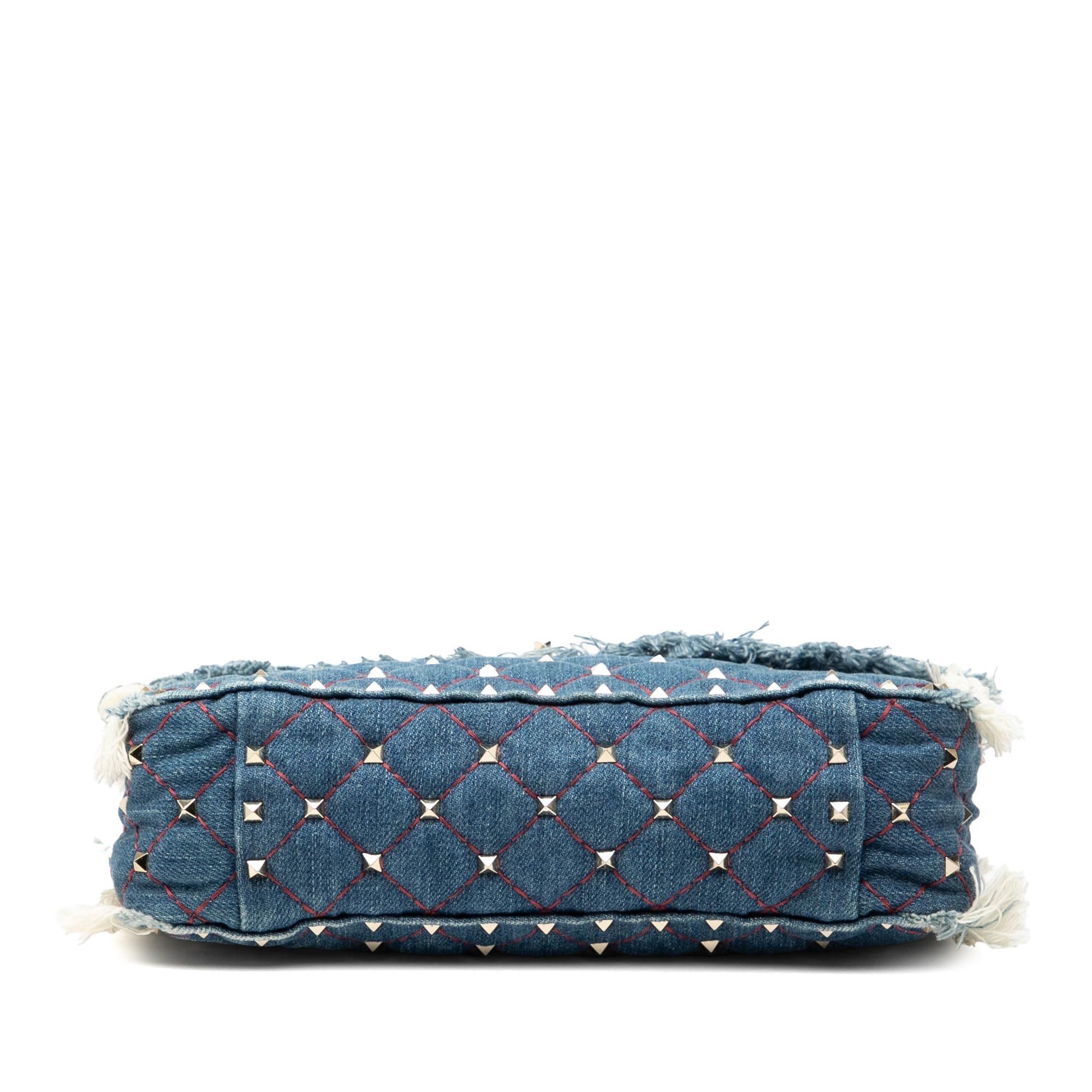 Valentino Medium Denim Fringe Rockstud Spike Satchel