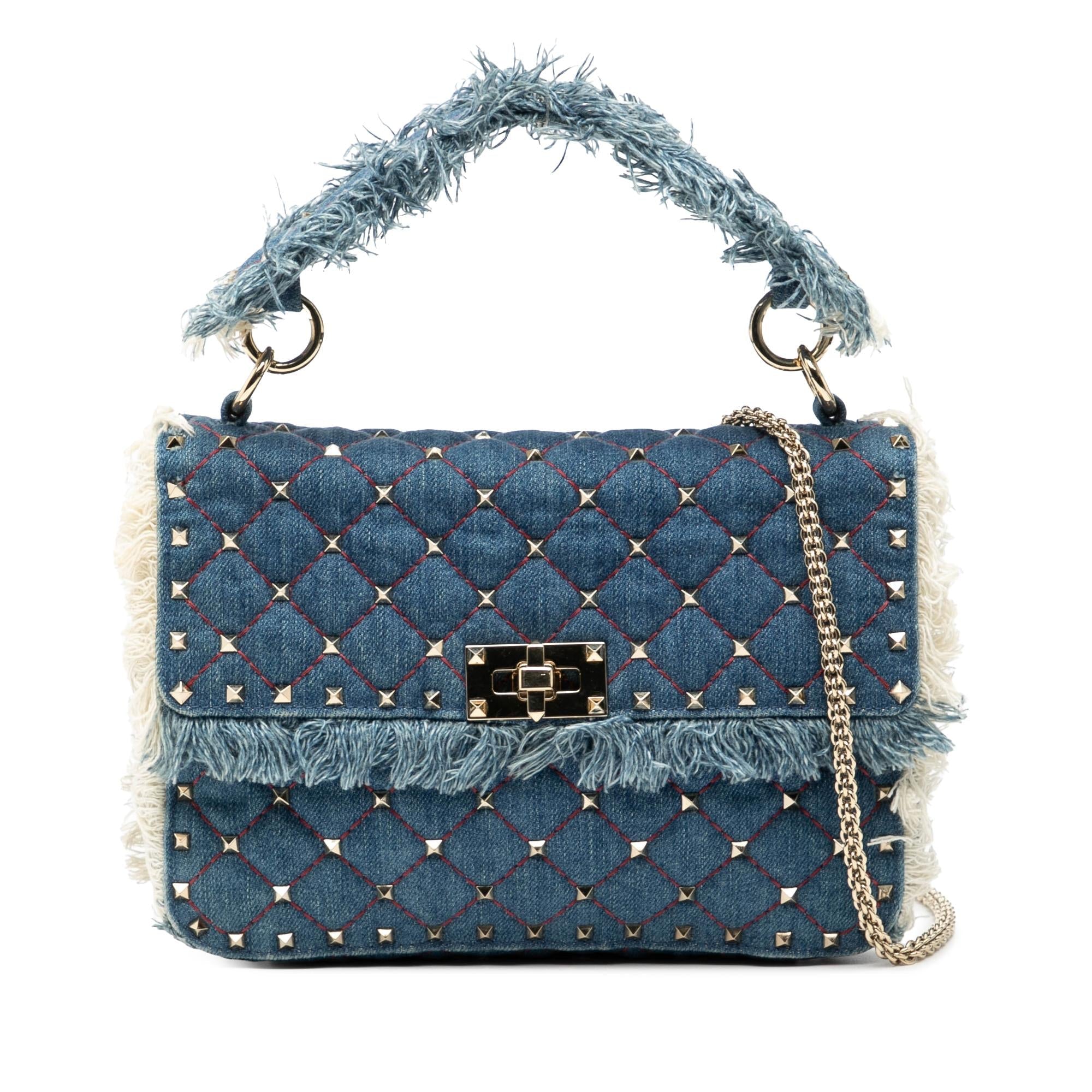 Valentino Medium Denim Fringe Rockstud Spike Satchel
