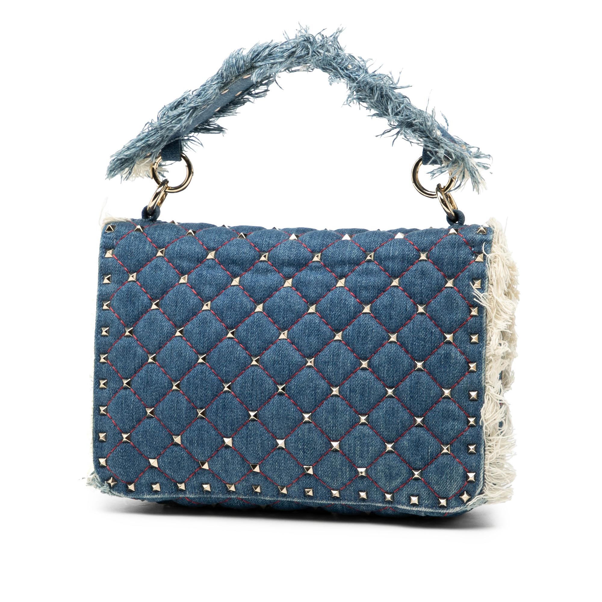 Valentino Medium Denim Fringe Rockstud Spike Satchel